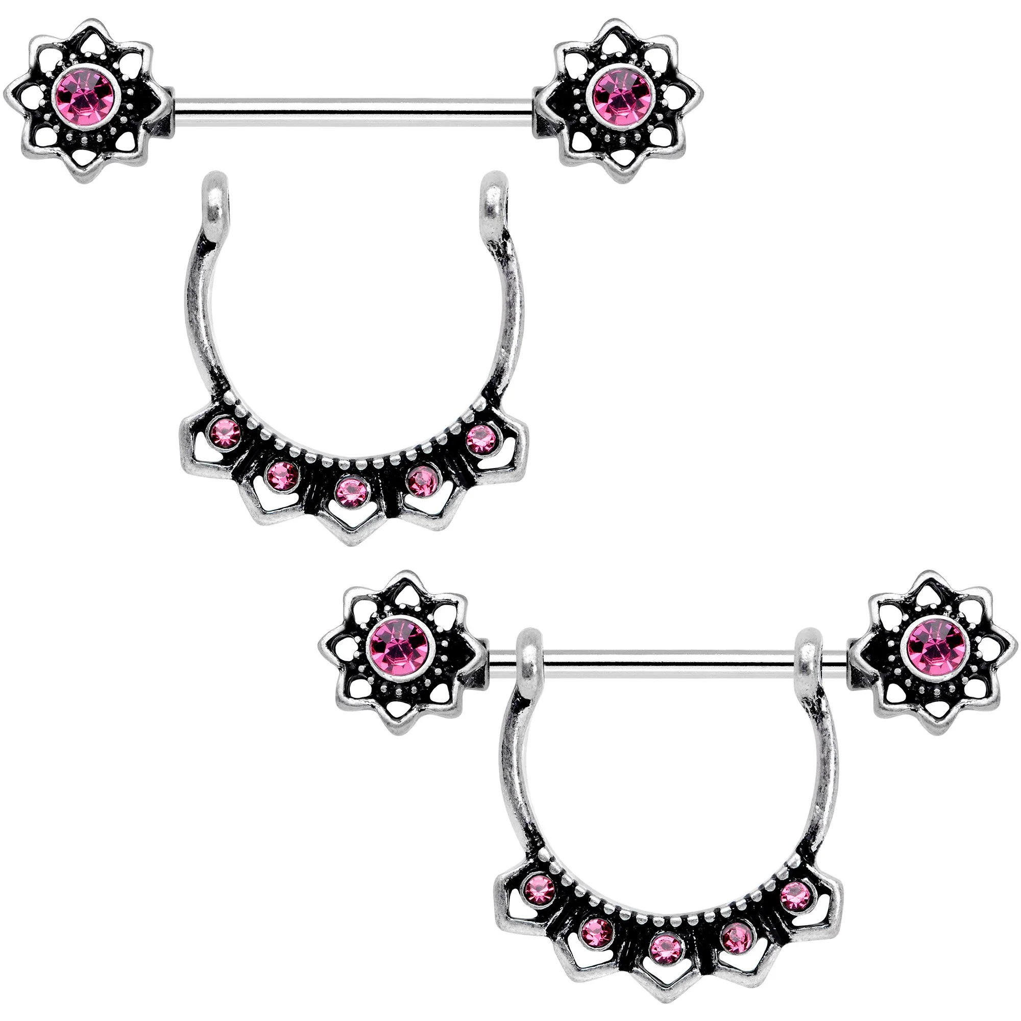 Pink Gem Flapper Fashion Removable Dangle Barbell Nipple Ring Set - Image 2