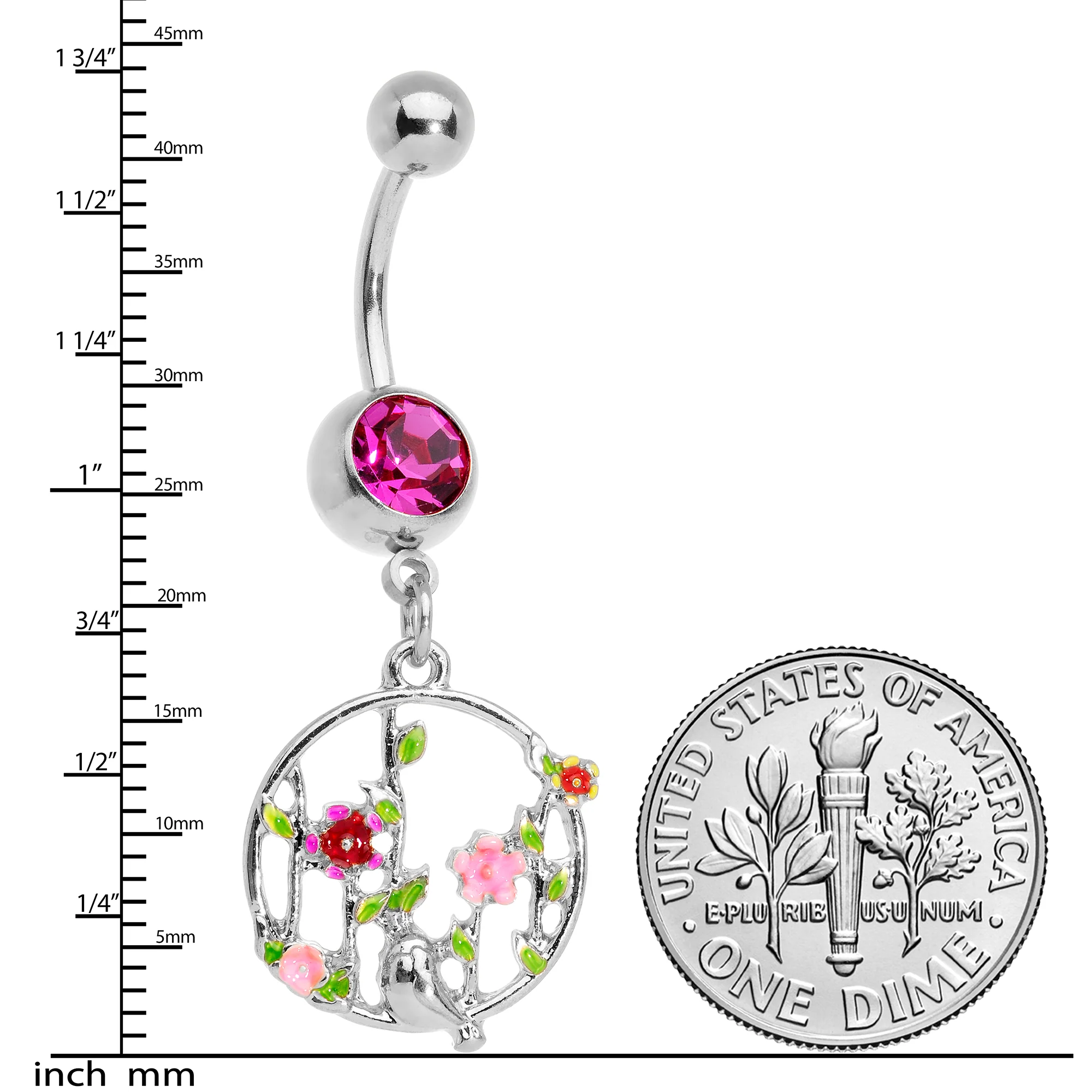 Pink Gem Floral Circle Dangle Belly Ring - Image 2