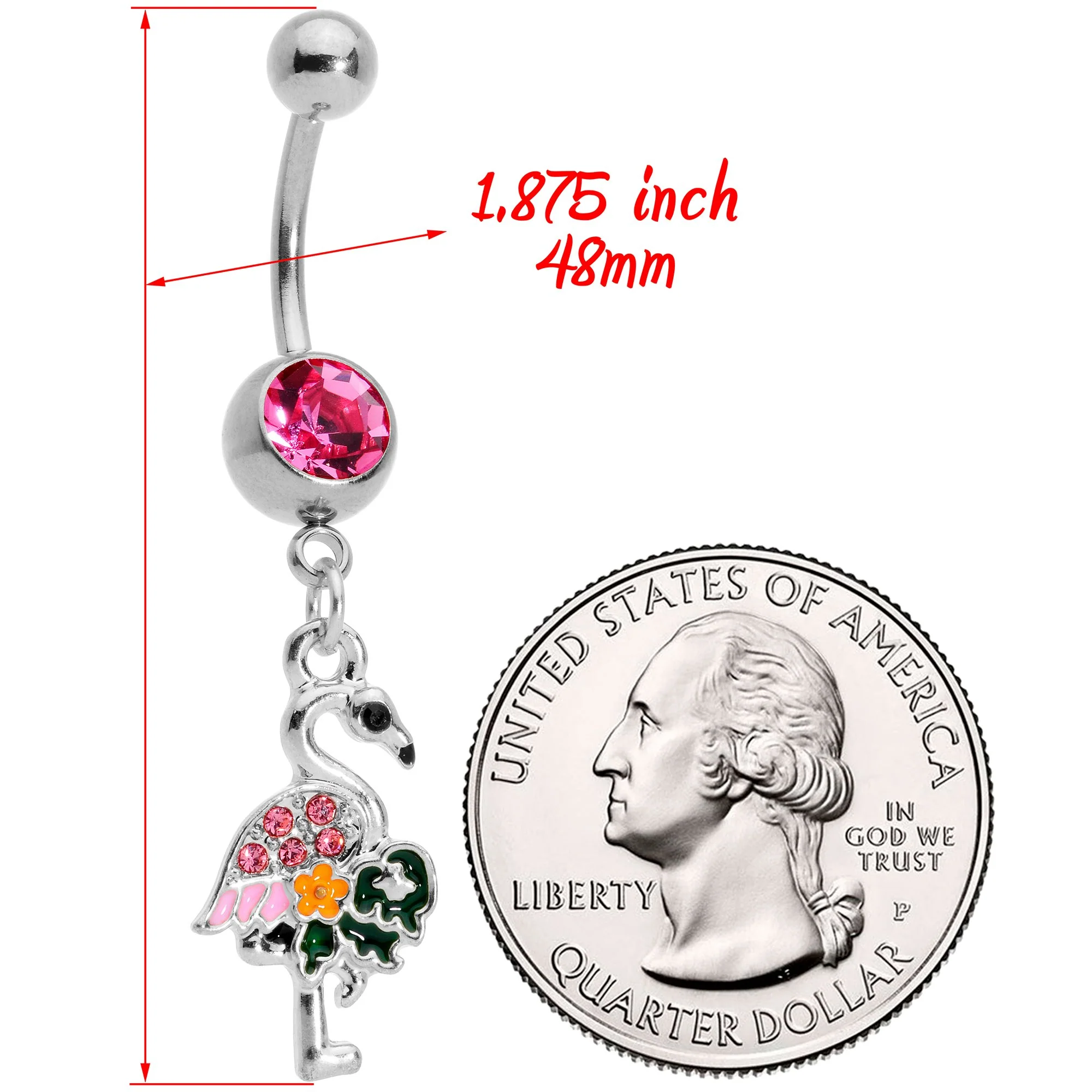 Pink Gem Florida Pink Flamingo Bird Dangle Belly Ring - Image 2