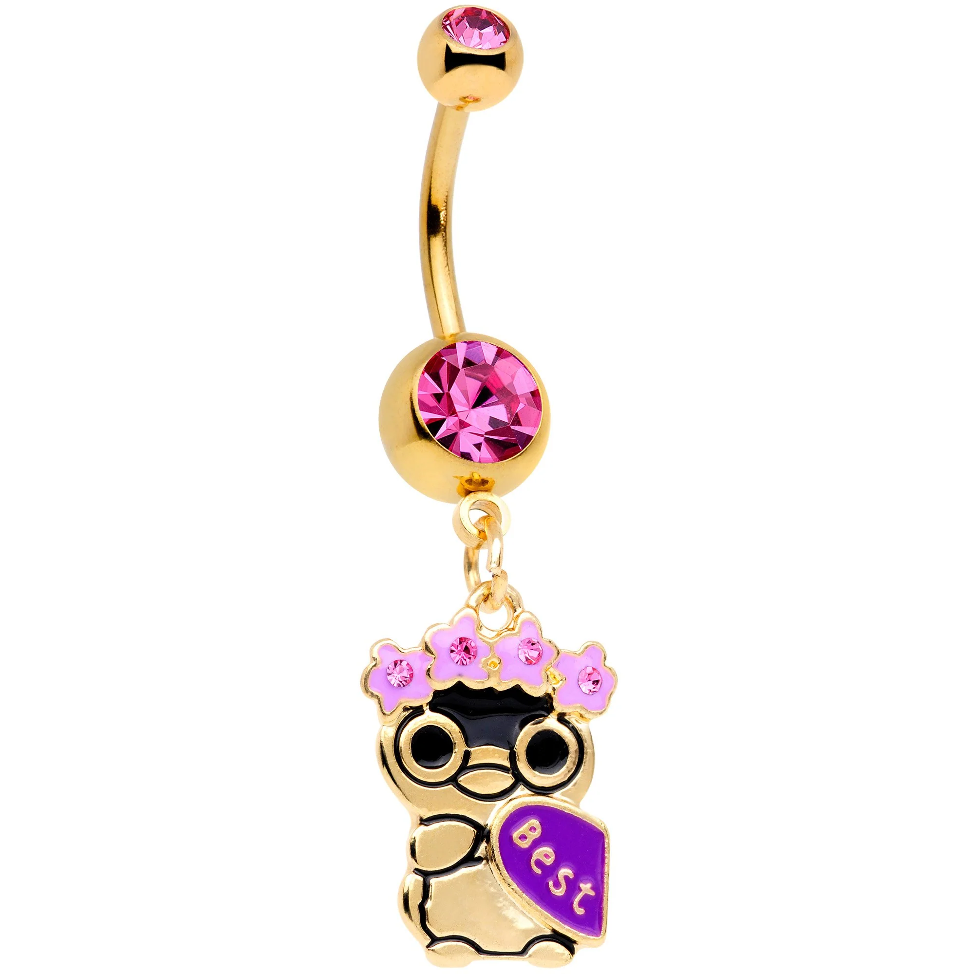 Pink Gem Gold Tone Anodized BFF Penguins Dangle Belly Ring Set - Image 2