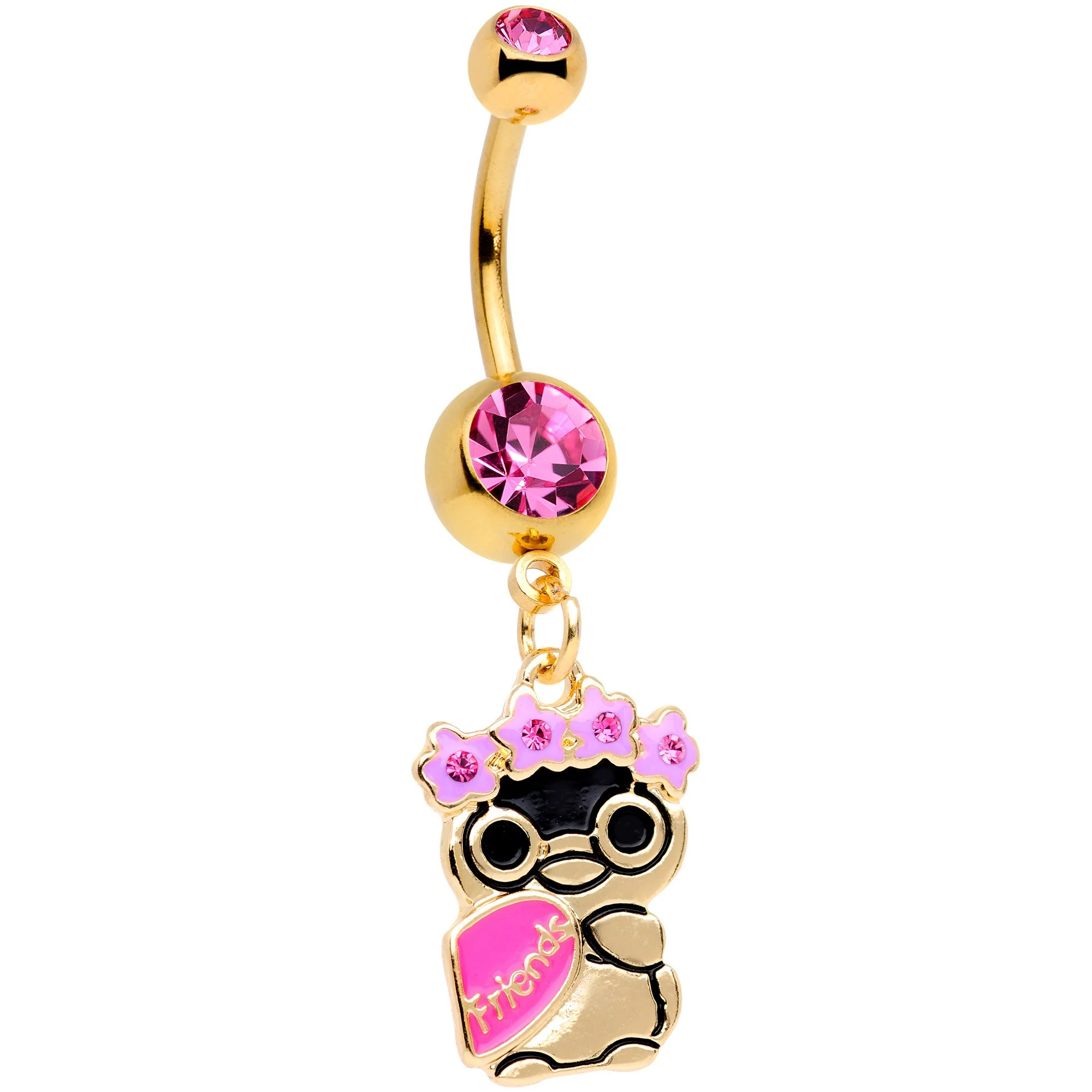 Pink Gem Gold Tone Anodized BFF Penguins Dangle Belly Ring Set - Image 3