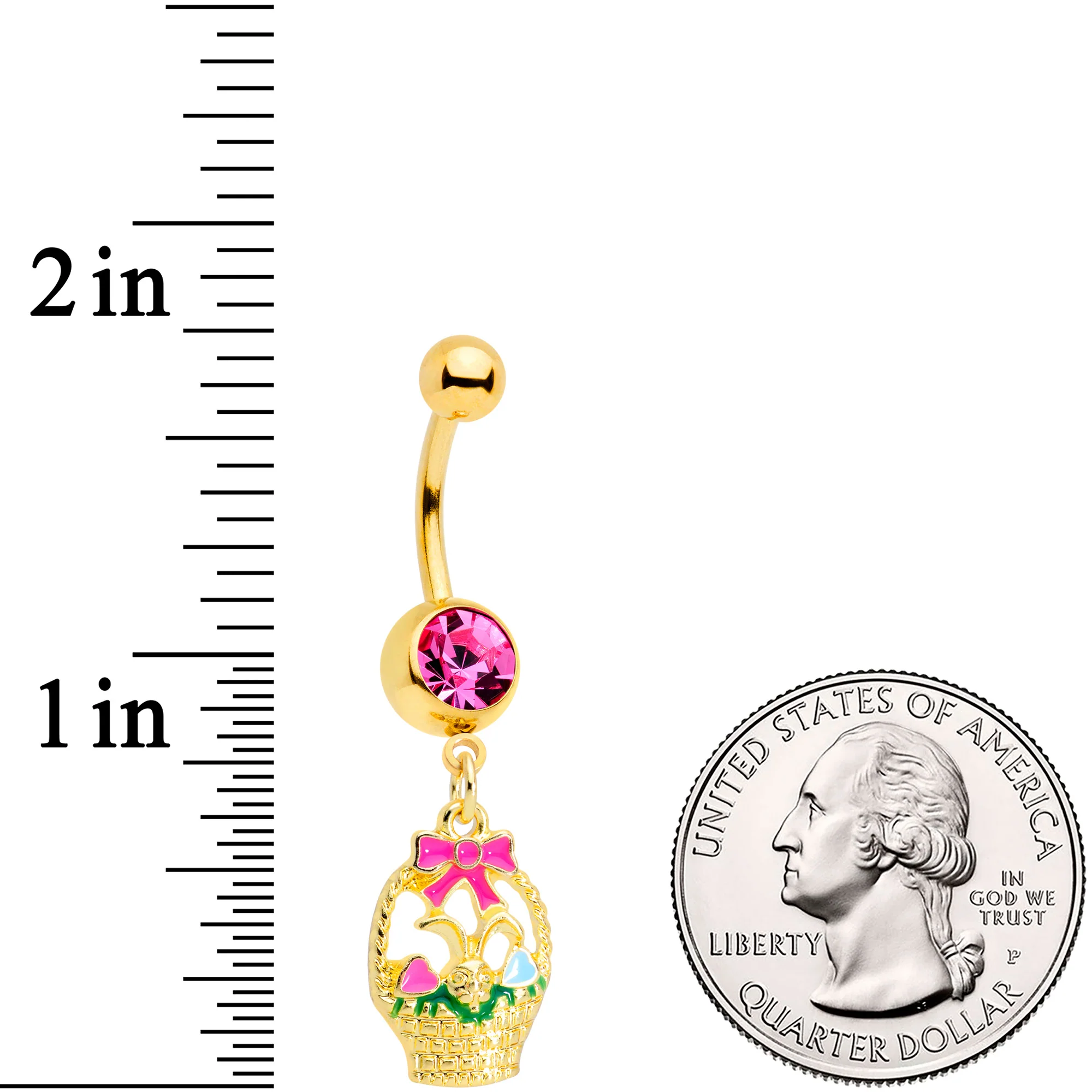 Pink Gem Gold Tone Easter Basket Dangle Belly Ring - Image 2