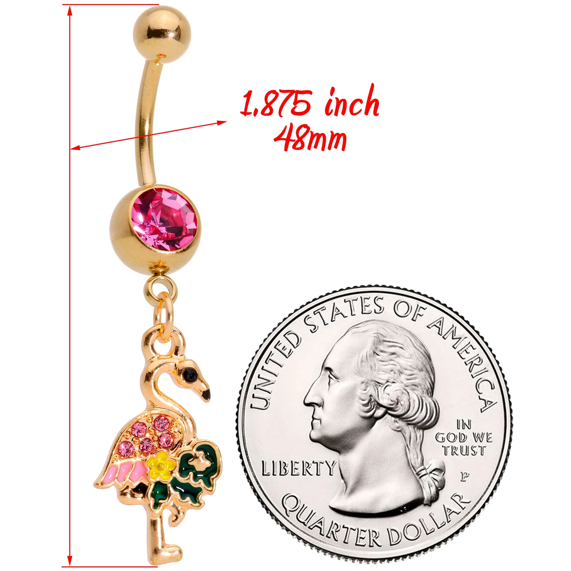 Pink Gem Gold Tone Florida Pink Flamingo Bird Dangle Belly Ring - Image 2