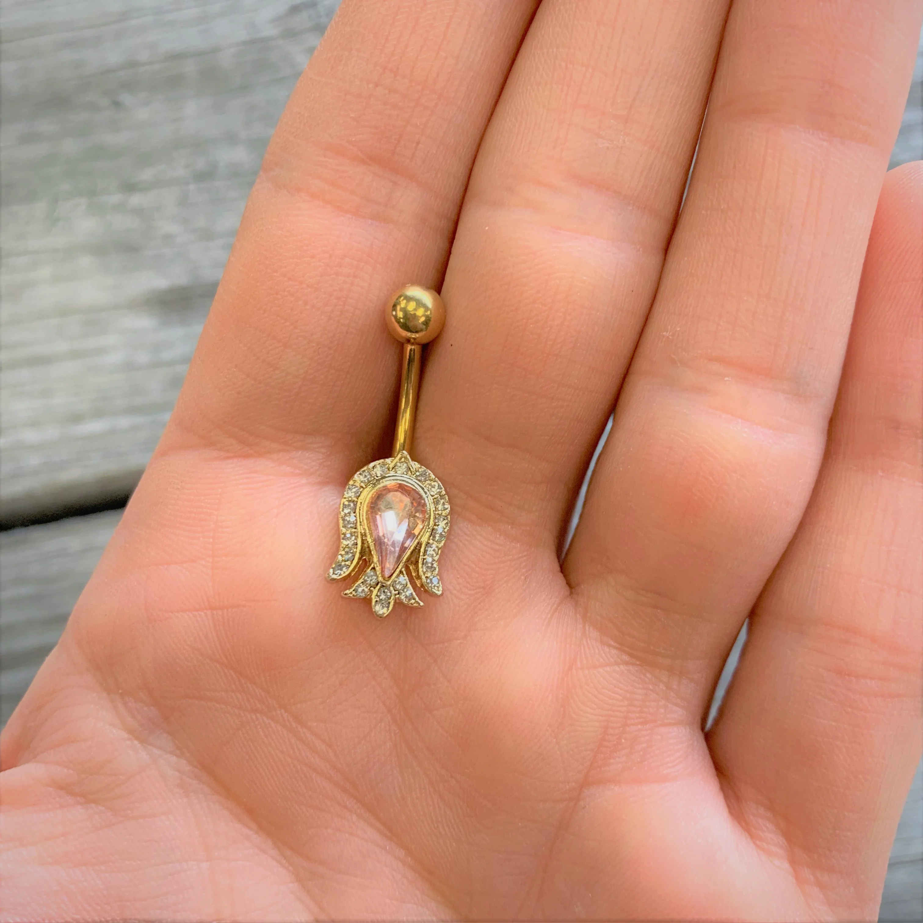 Pink Gem Gold Tone Plated Tulip Flower Belly Ring - Image 4
