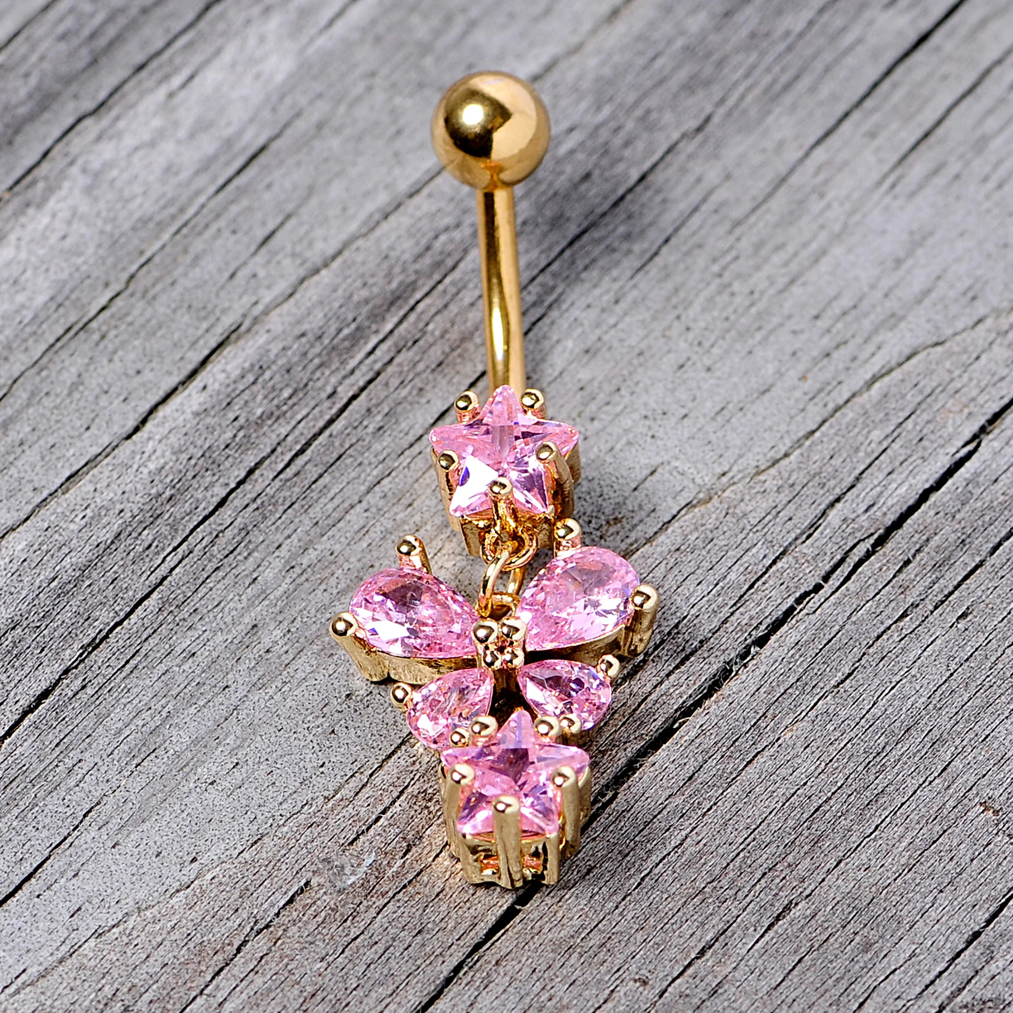 Pink Gem Gold Tone Star Bow Dangle Belly Ring - Image 4