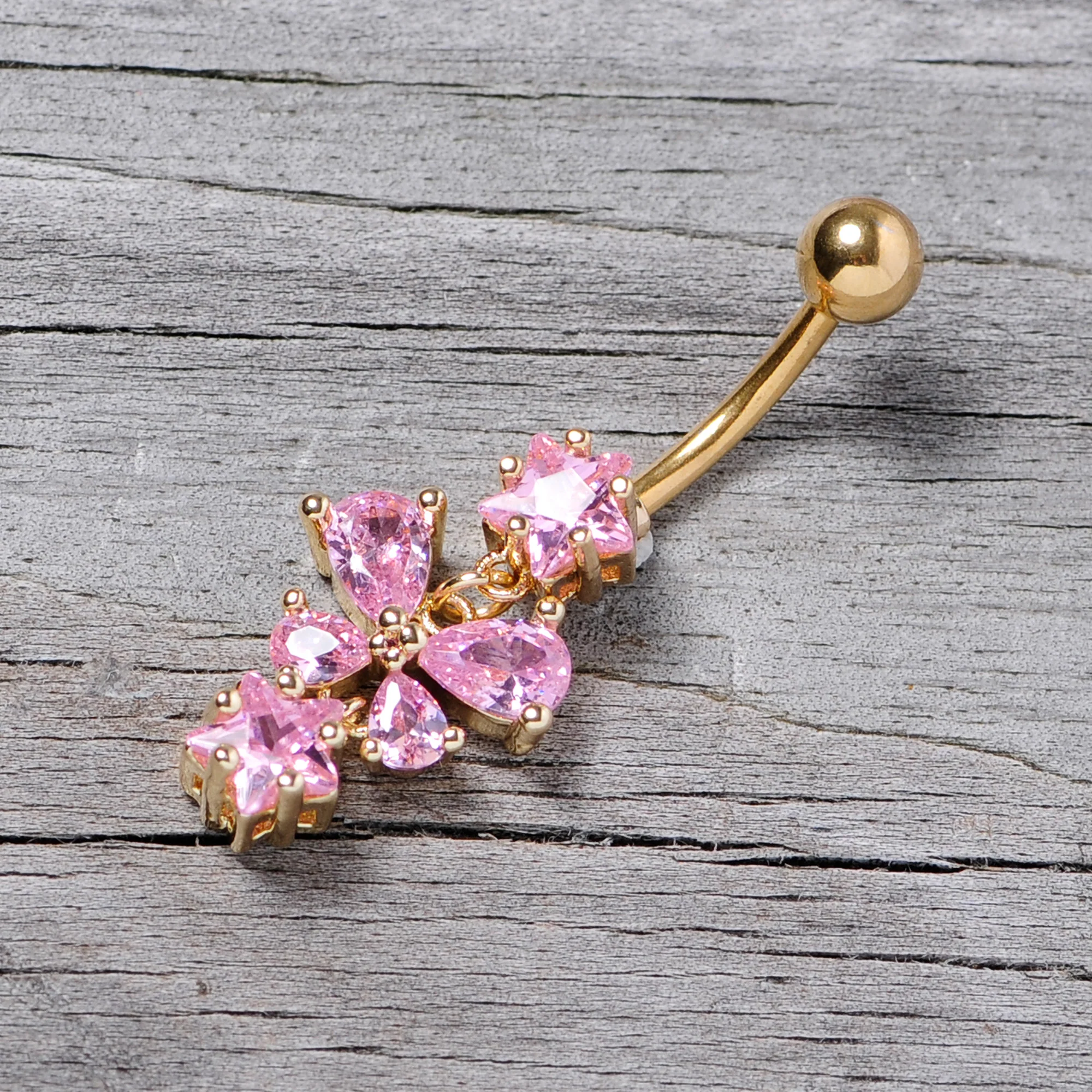 Pink Gem Gold Tone Star Bow Dangle Belly Ring - Image 5