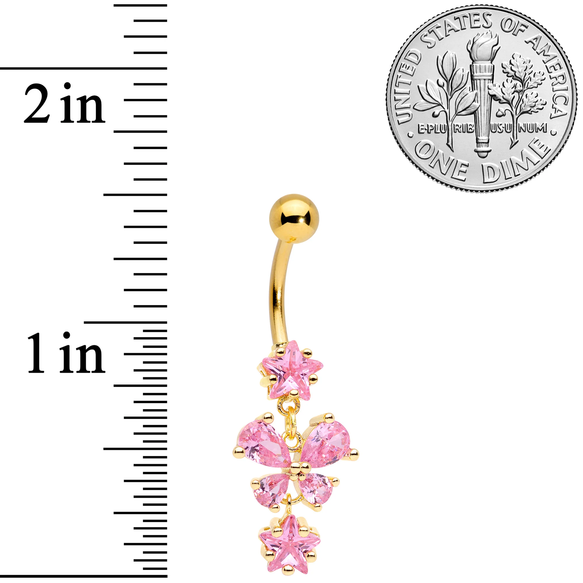 Pink Gem Gold Tone Star Bow Dangle Belly Ring - Image 6