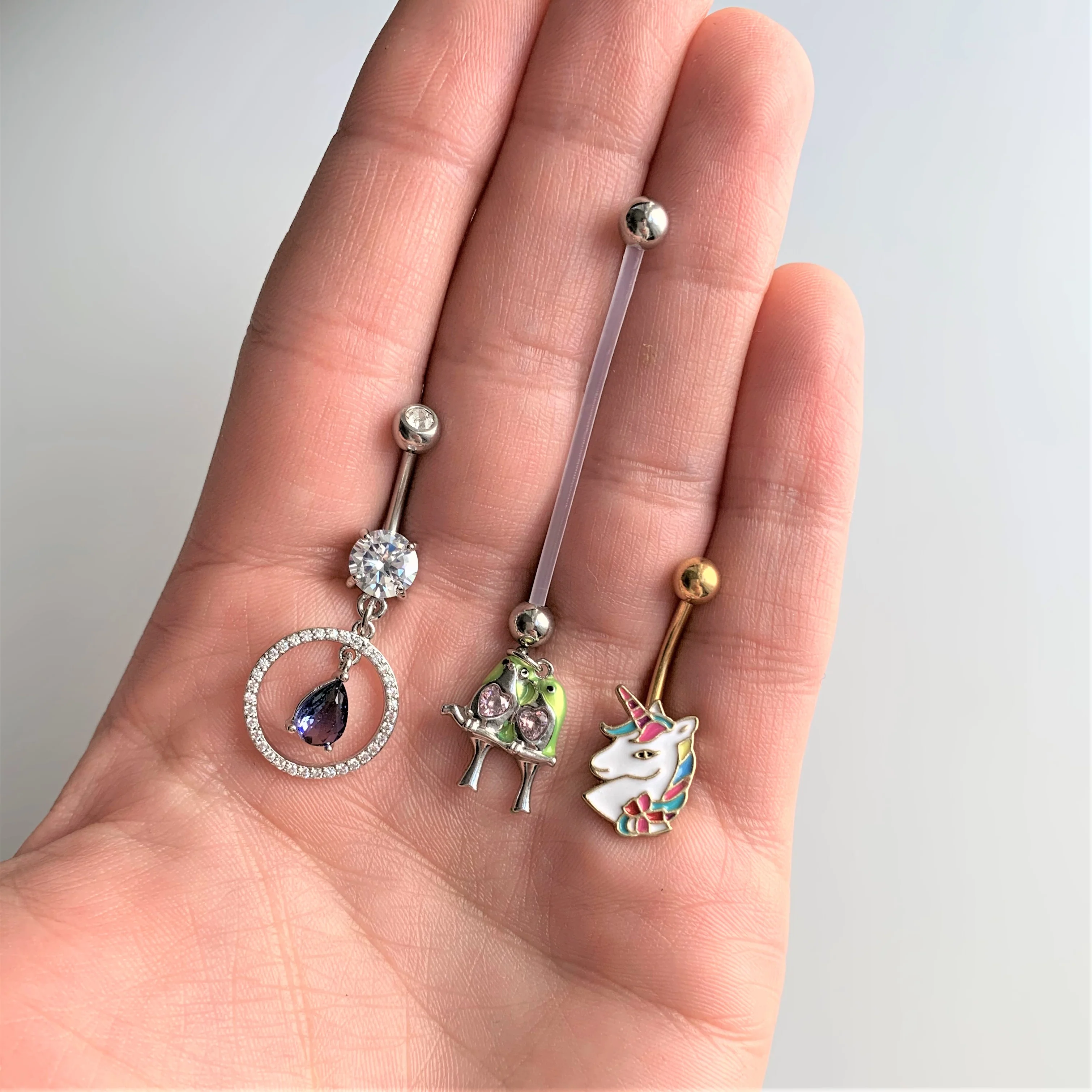Pink Gem Green Little Lovebirds Twins Dangle Pregnancy Belly Ring - Image 2
