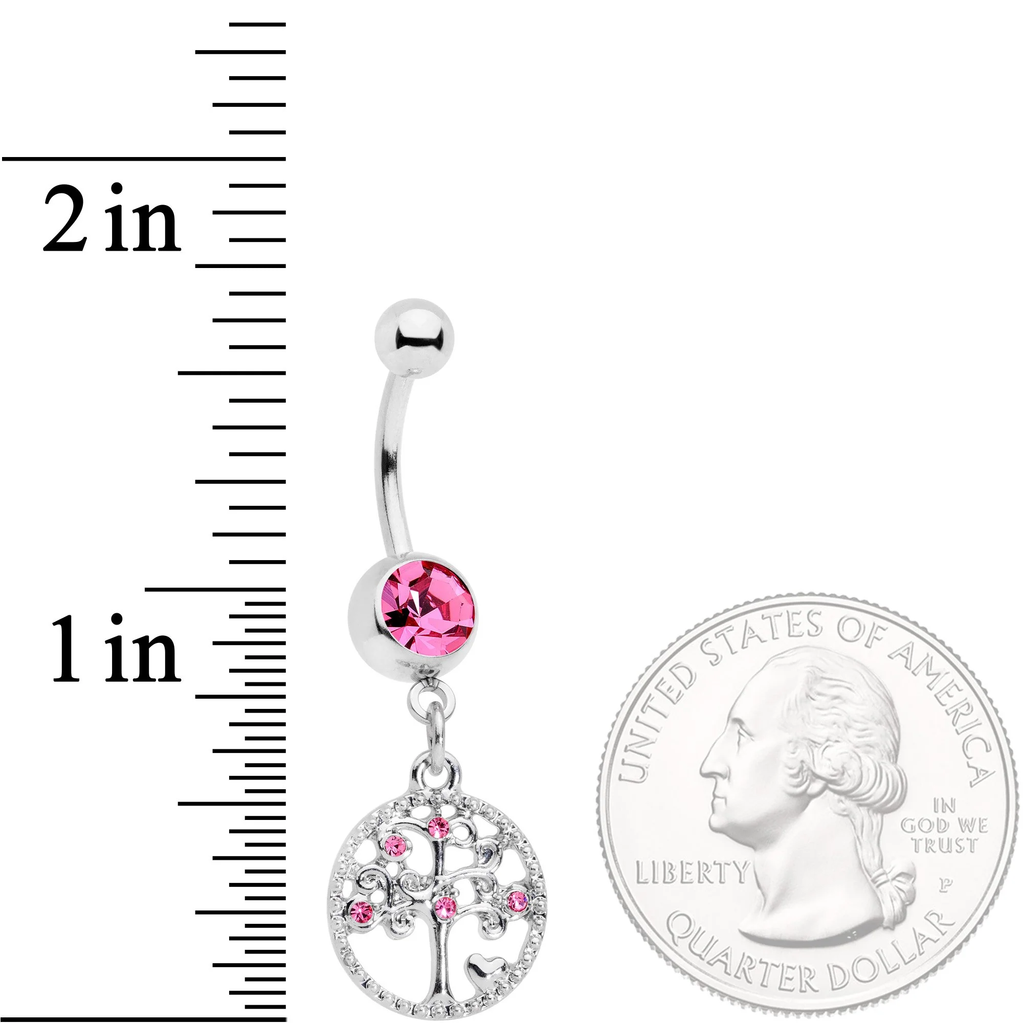 Pink Gem Love Tree of Life Dangle Belly Ring - Image 2