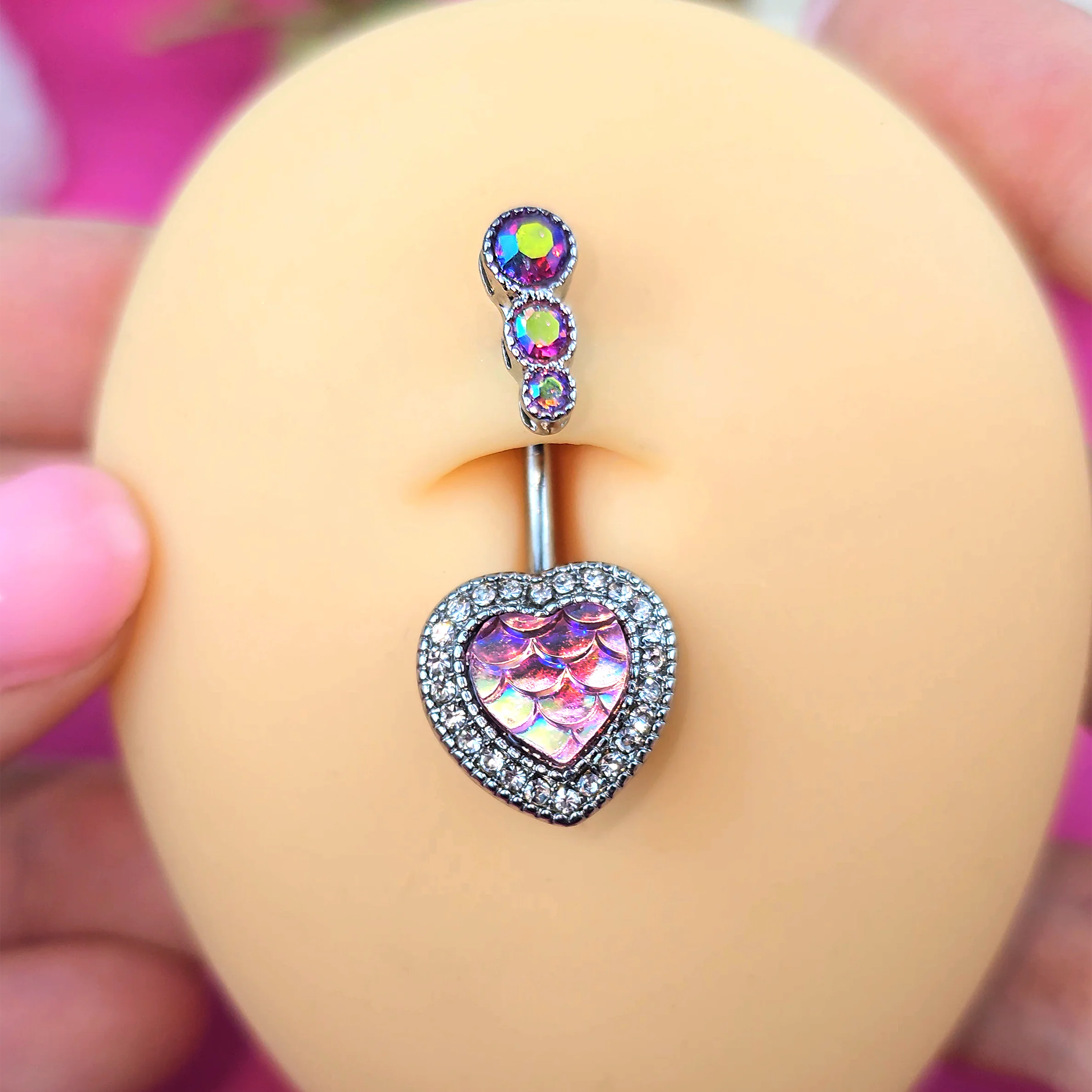Pink Gem Mermaid Scale Heart Double Mount Belly Ring - Image 2