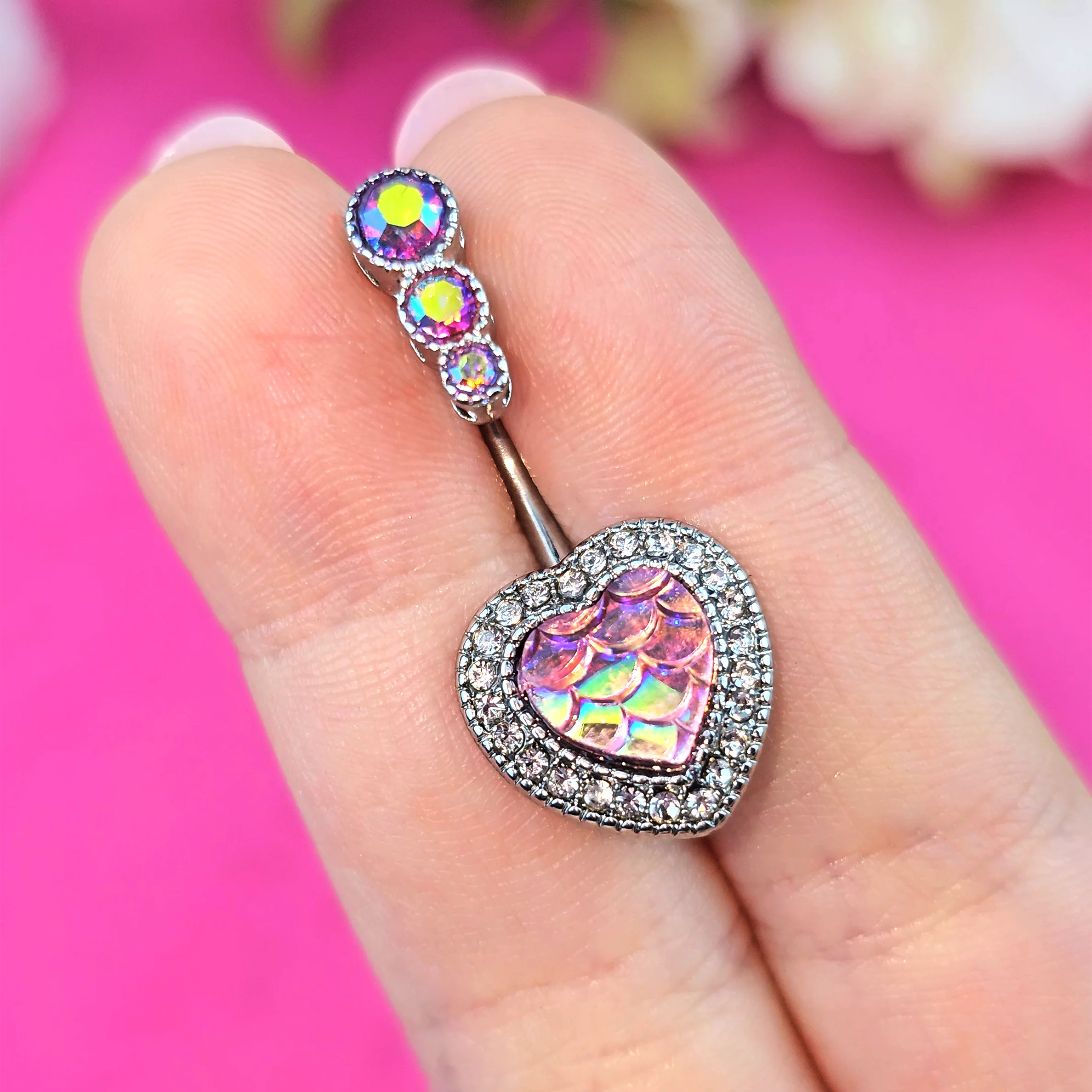 Pink Gem Mermaid Scale Heart Double Mount Belly Ring - Image 3