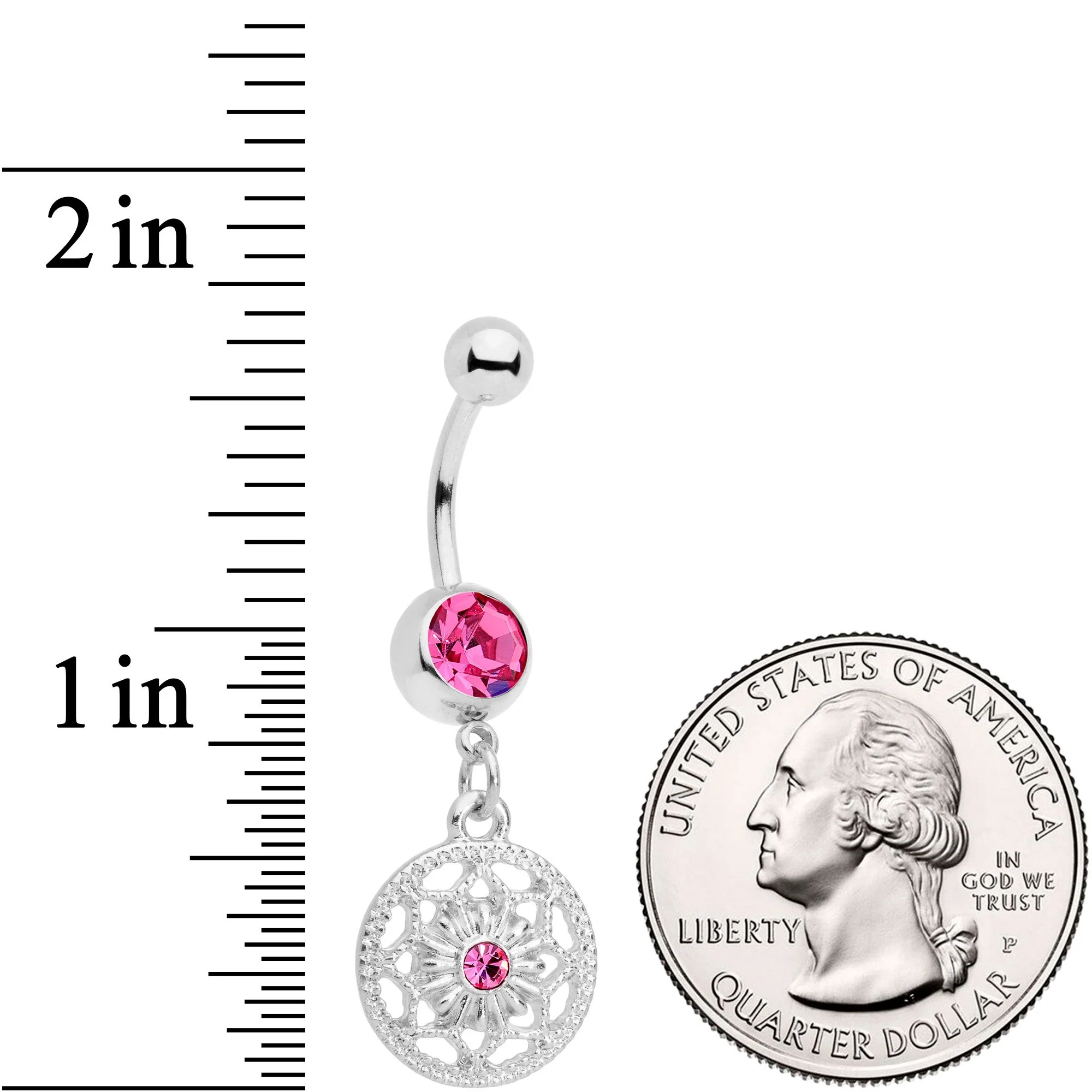 Pink Gem Ring Around a Snowflake Dangle Belly Ring - Image 2
