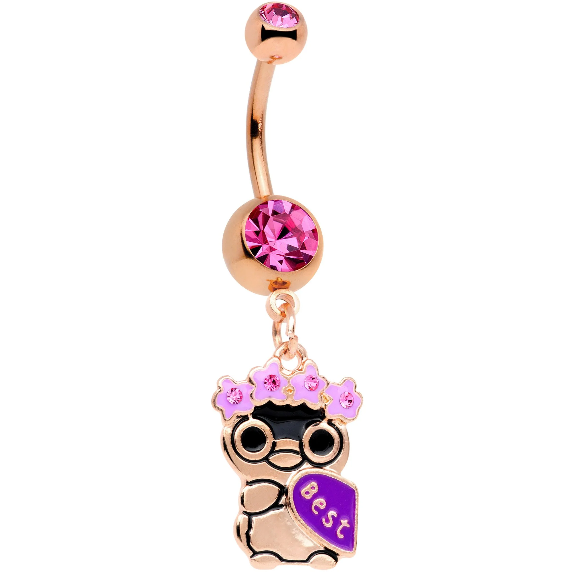 Pink Gem Rose Gold Tone Anodized BFF Penguins Dangle Belly Ring Set - Image 2