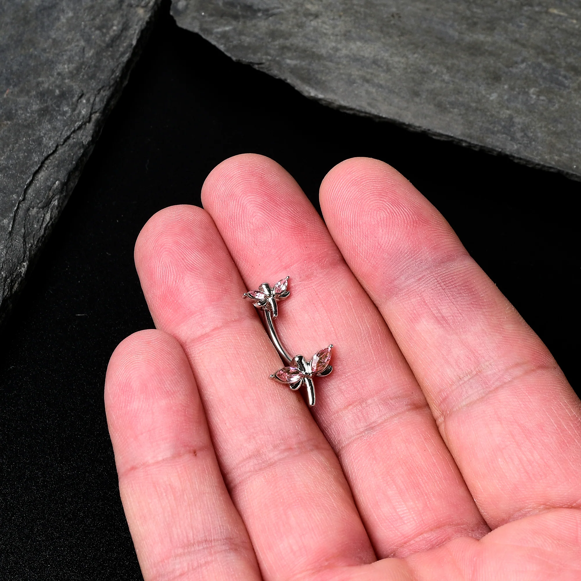 Pink Gem Simple Stylized Dragonfly Double Mount Belly Ring - Image 3