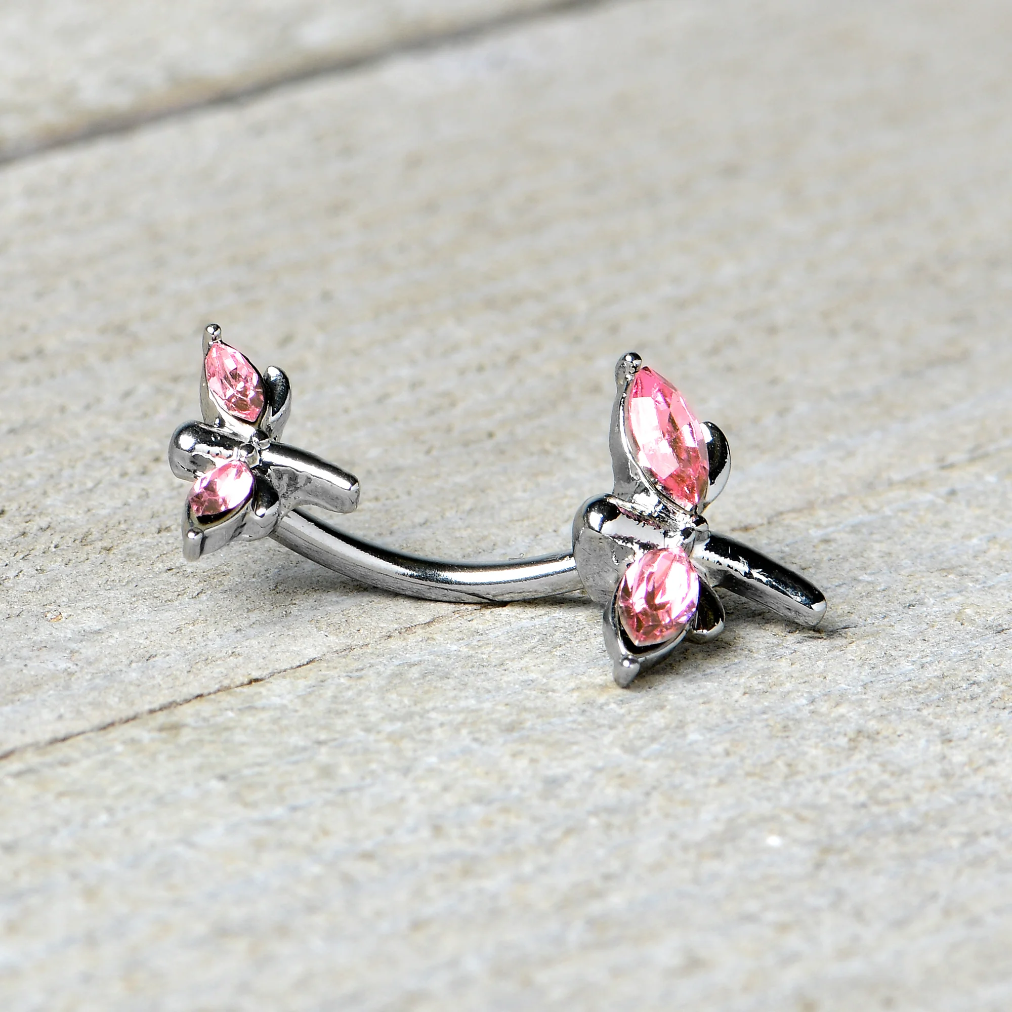 Pink Gem Simple Stylized Dragonfly Double Mount Belly Ring - Image 4
