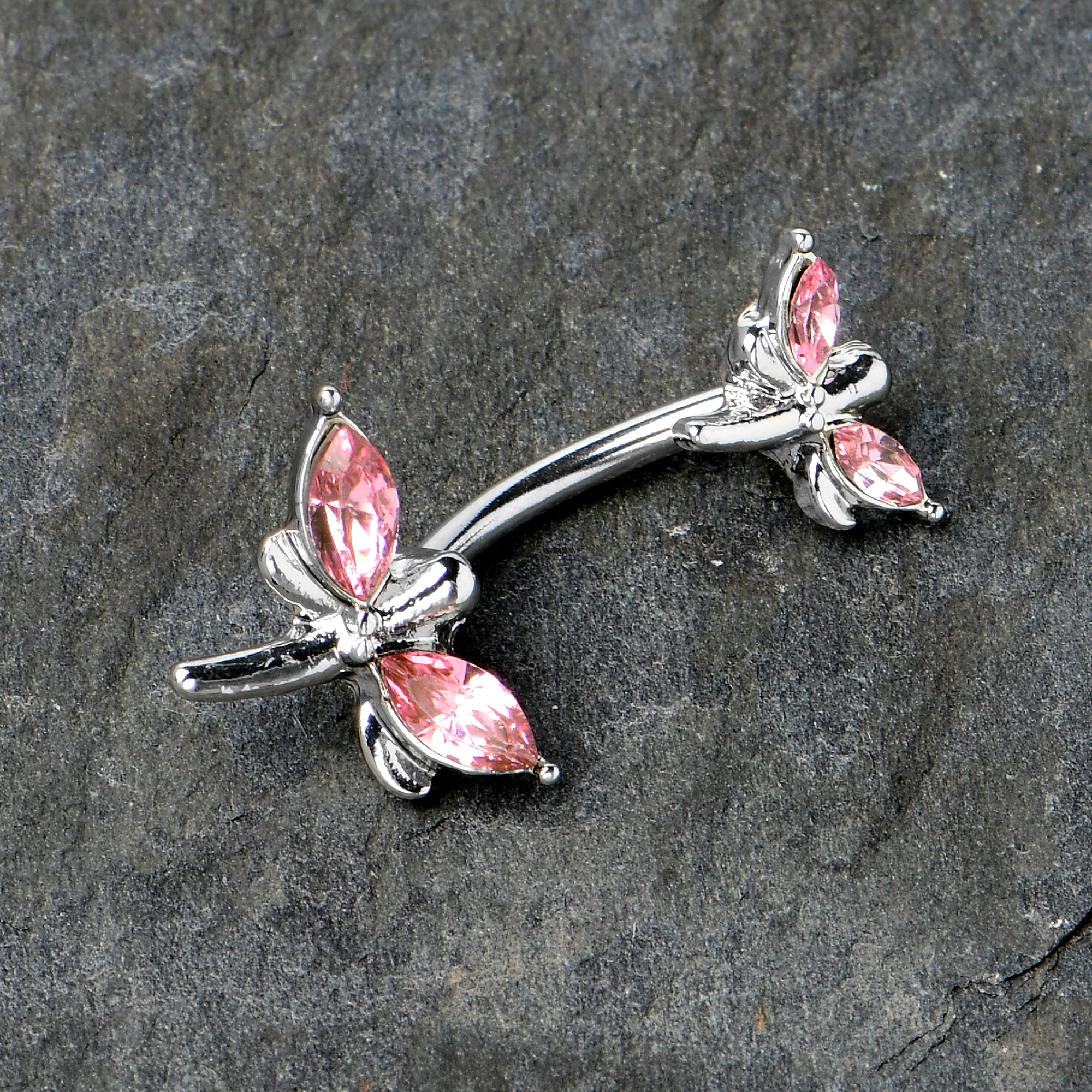 Pink Gem Simple Stylized Dragonfly Double Mount Belly Ring - Image 7