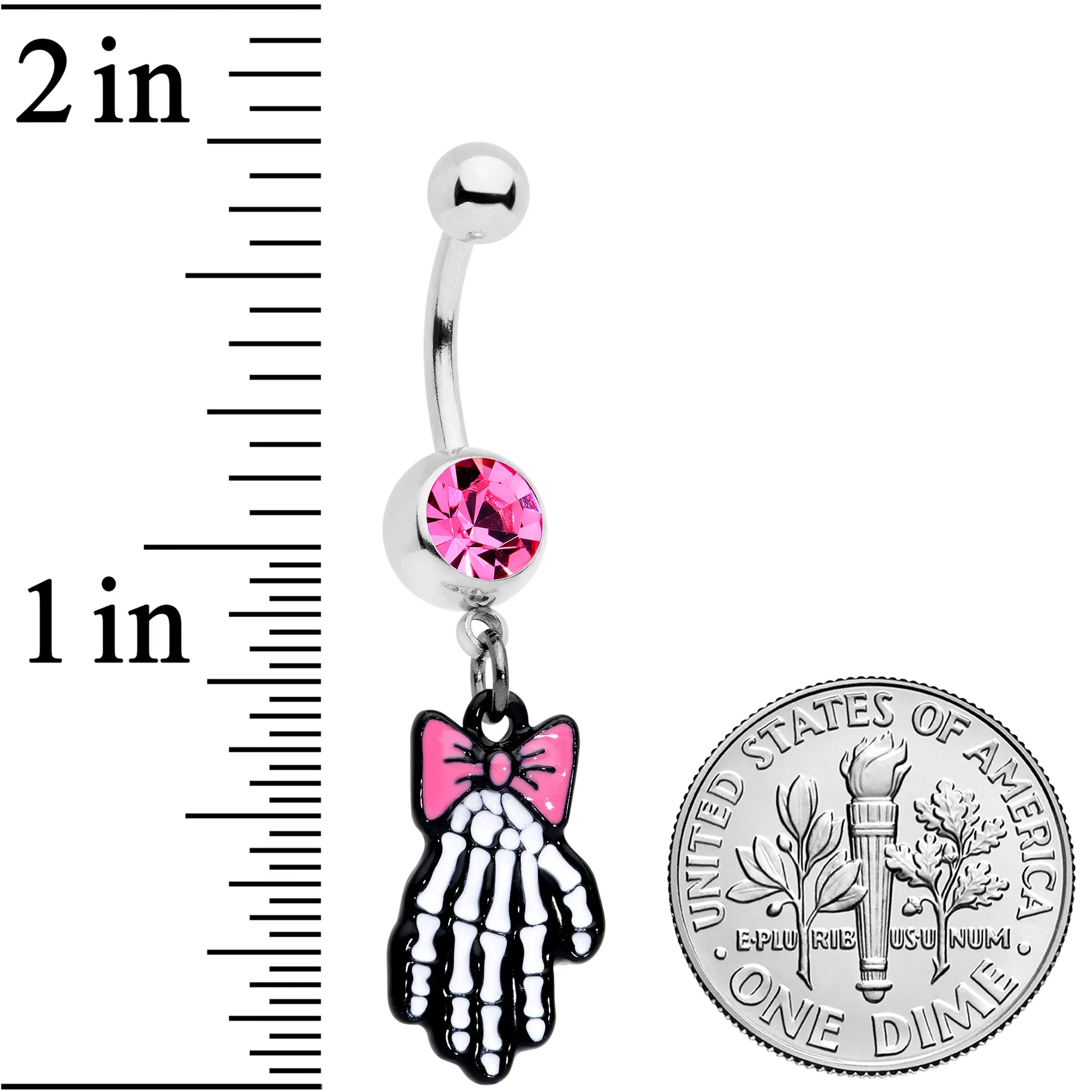 Pink Gem Skeleton Hand Bow Halloween Dangle Belly Ring - Image 2