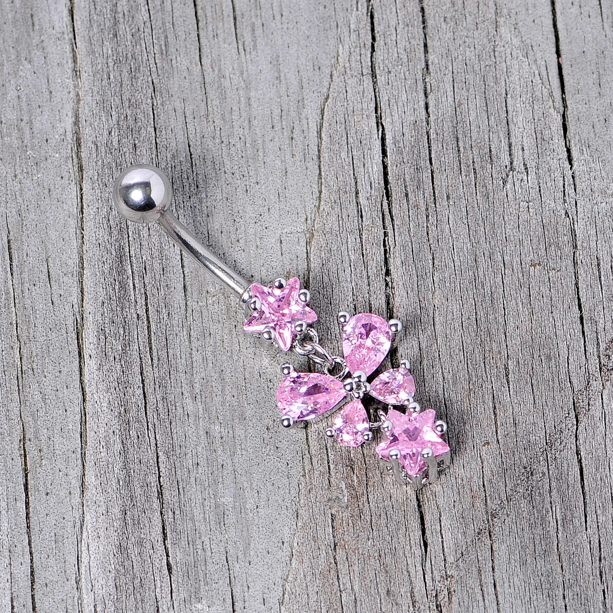 Pink Gem Star Bow Dangle Belly Ring - Image 4