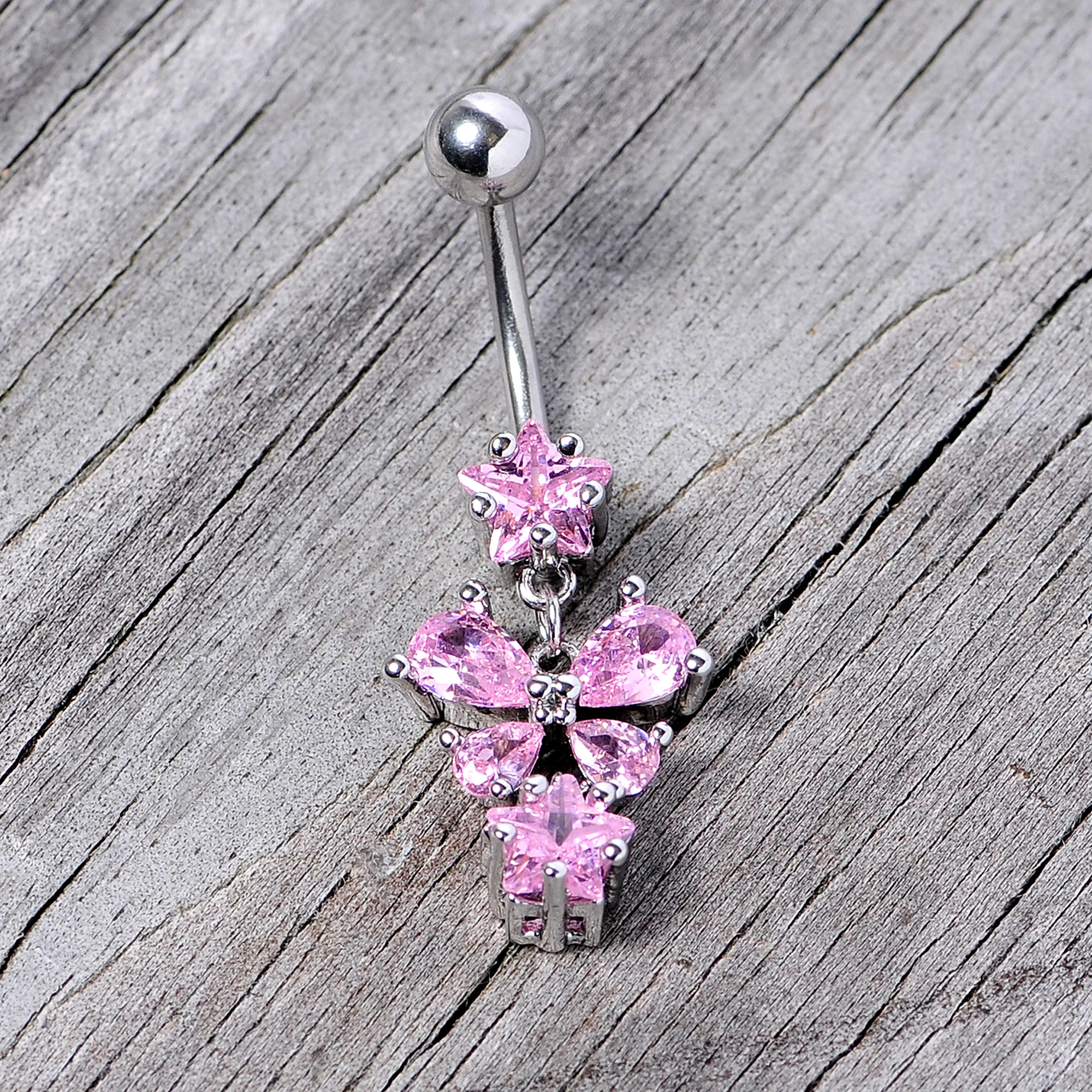 Pink Gem Star Bow Dangle Belly Ring - Image 5
