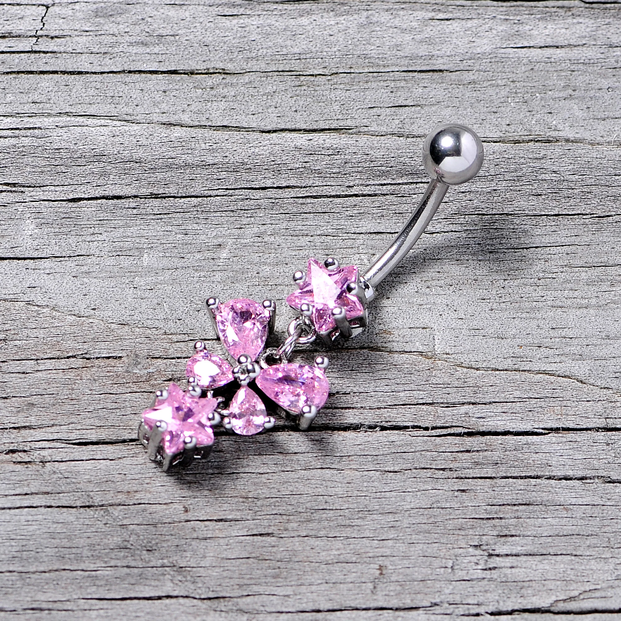 Pink Gem Star Bow Dangle Belly Ring - Image 6