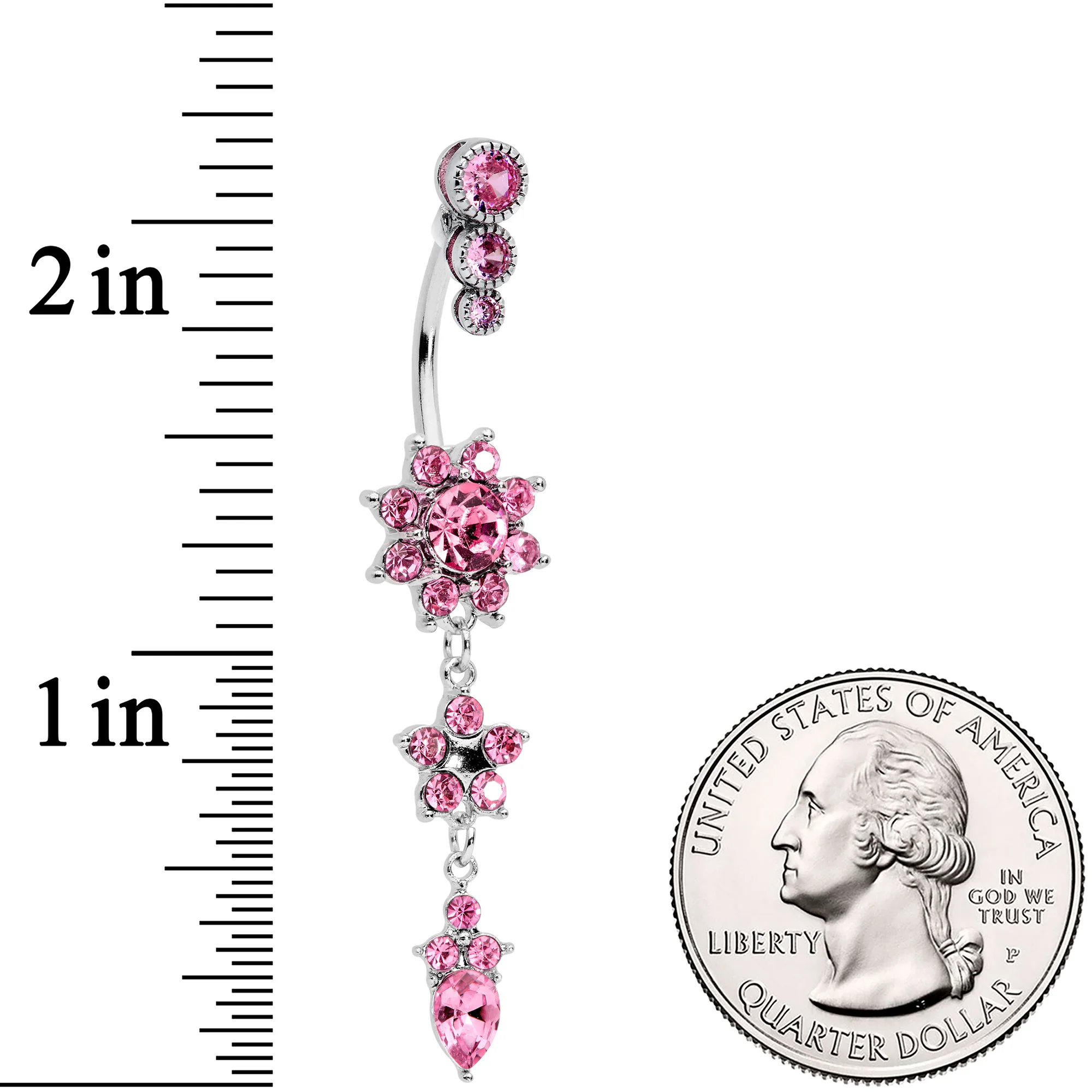 Pink Gem Triple Top Double Flower Drop Dangle Belly Ring - Image 3