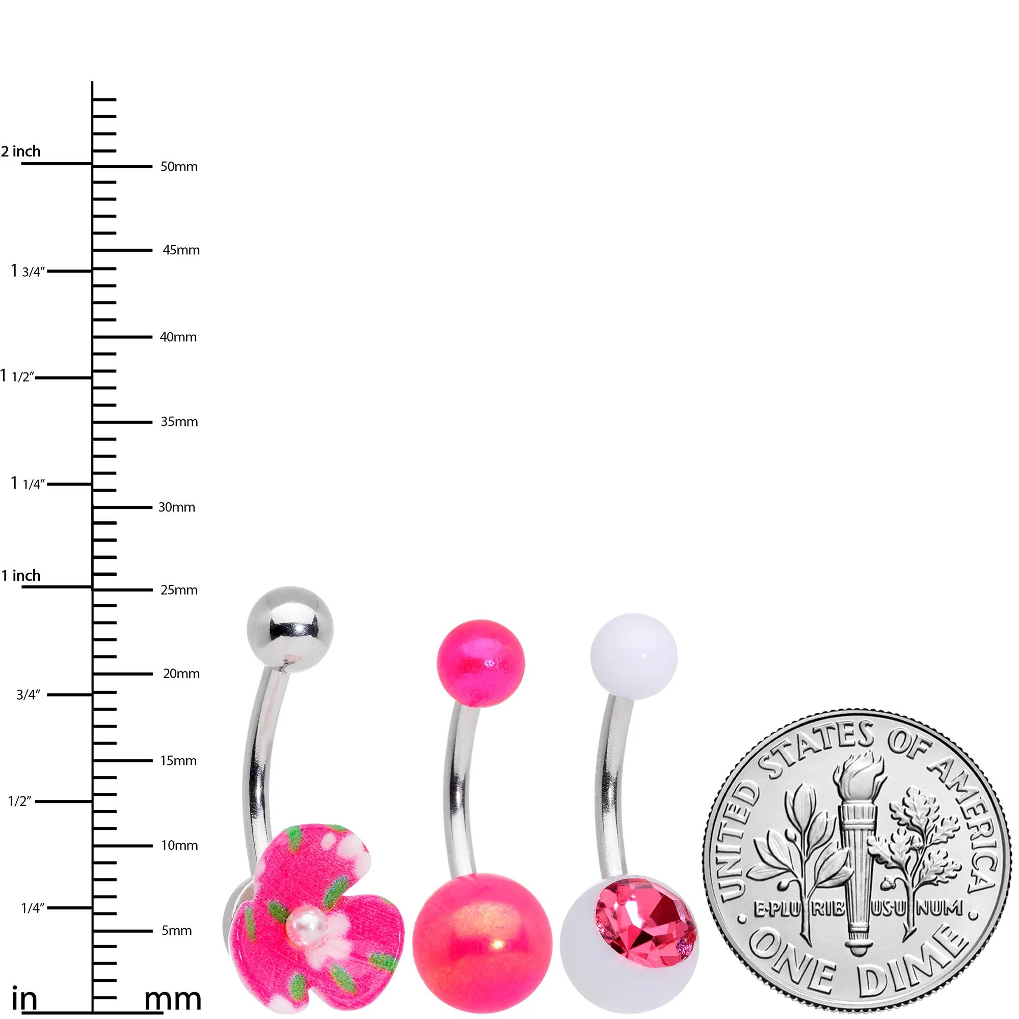 Pink Gem White Pink Flower Pearlescent Belly Ring Set of 3 - Image 5