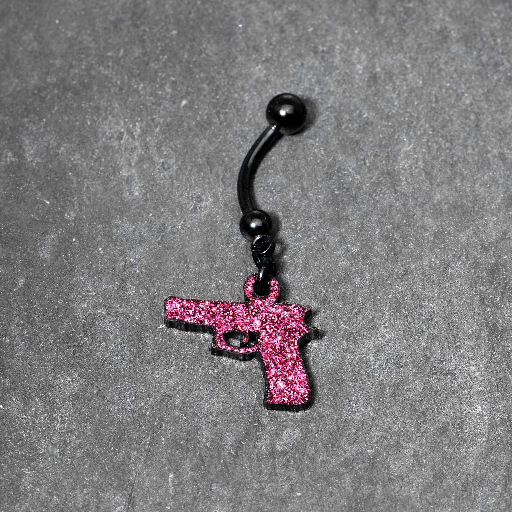 Pink Glitter Gun Dangle Belly Ring - Image 3