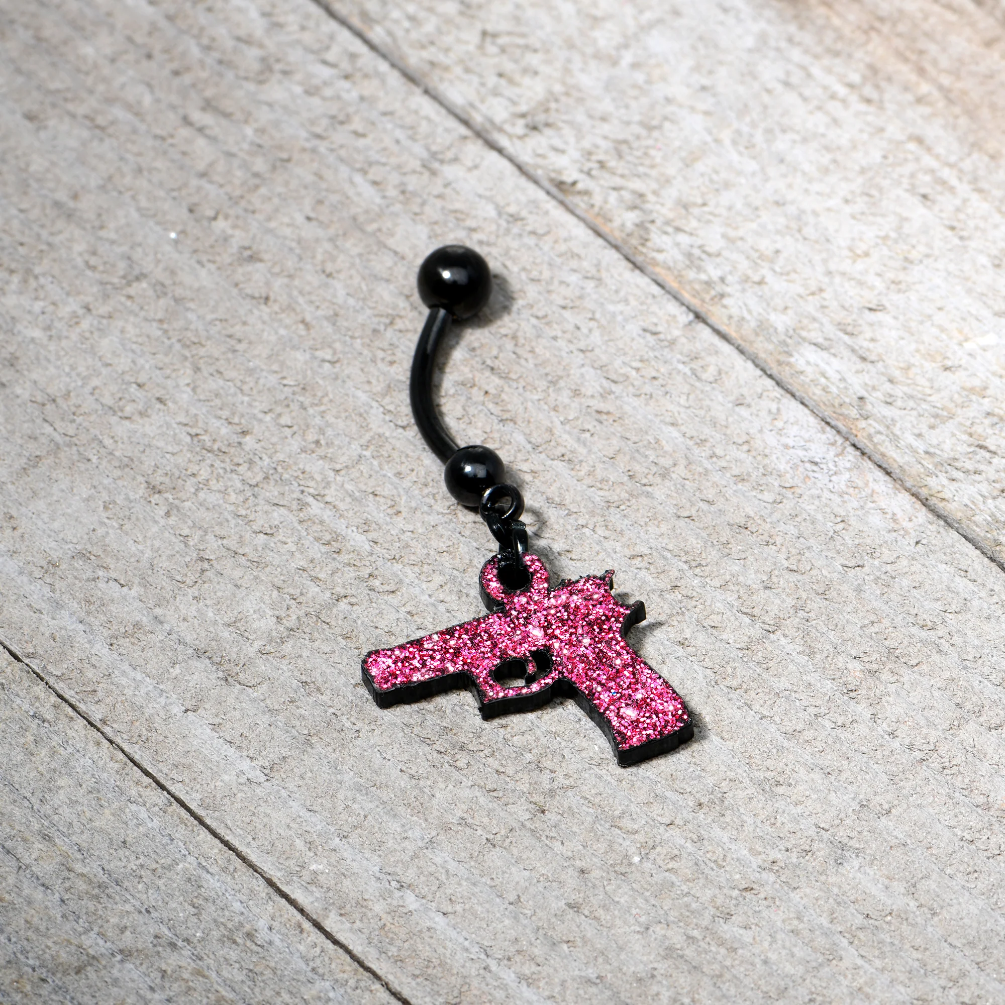 Pink Glitter Gun Dangle Belly Ring - Image 4