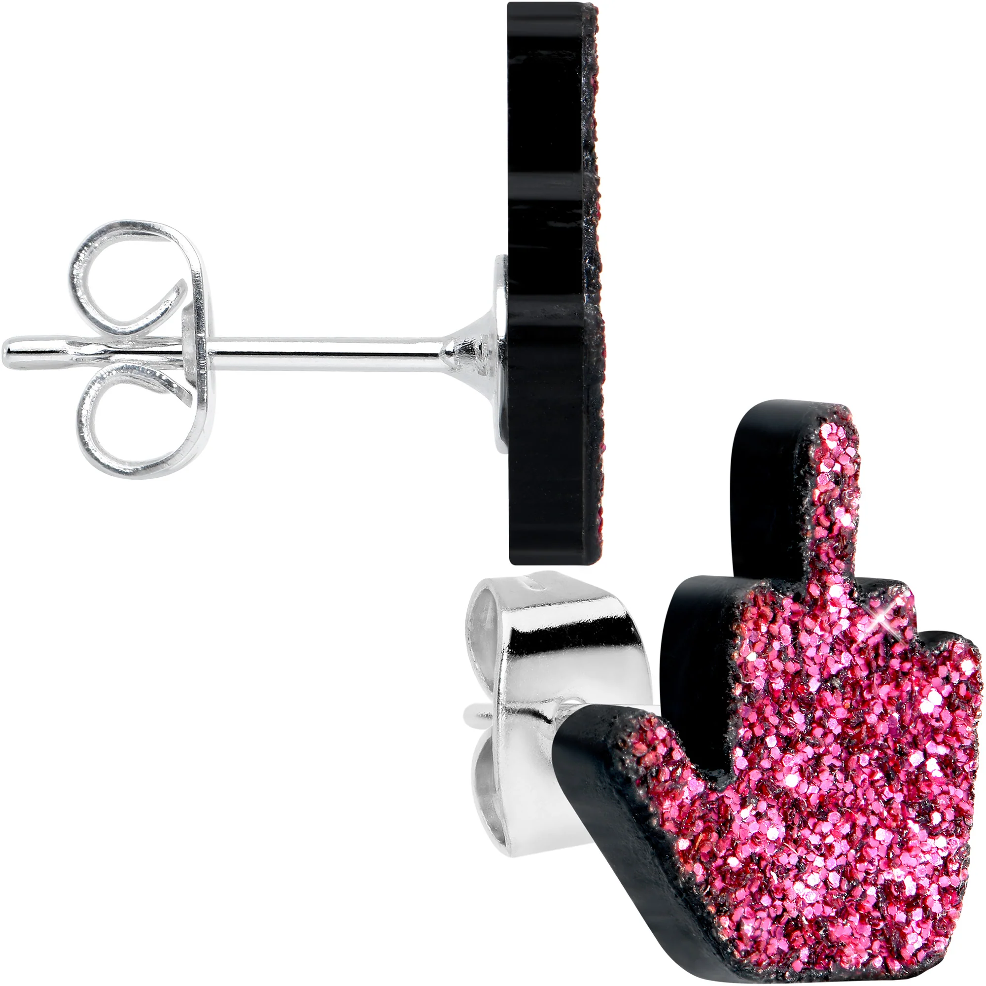 Pink Glitter Middle Finger Stud Earrings Set - Image 2