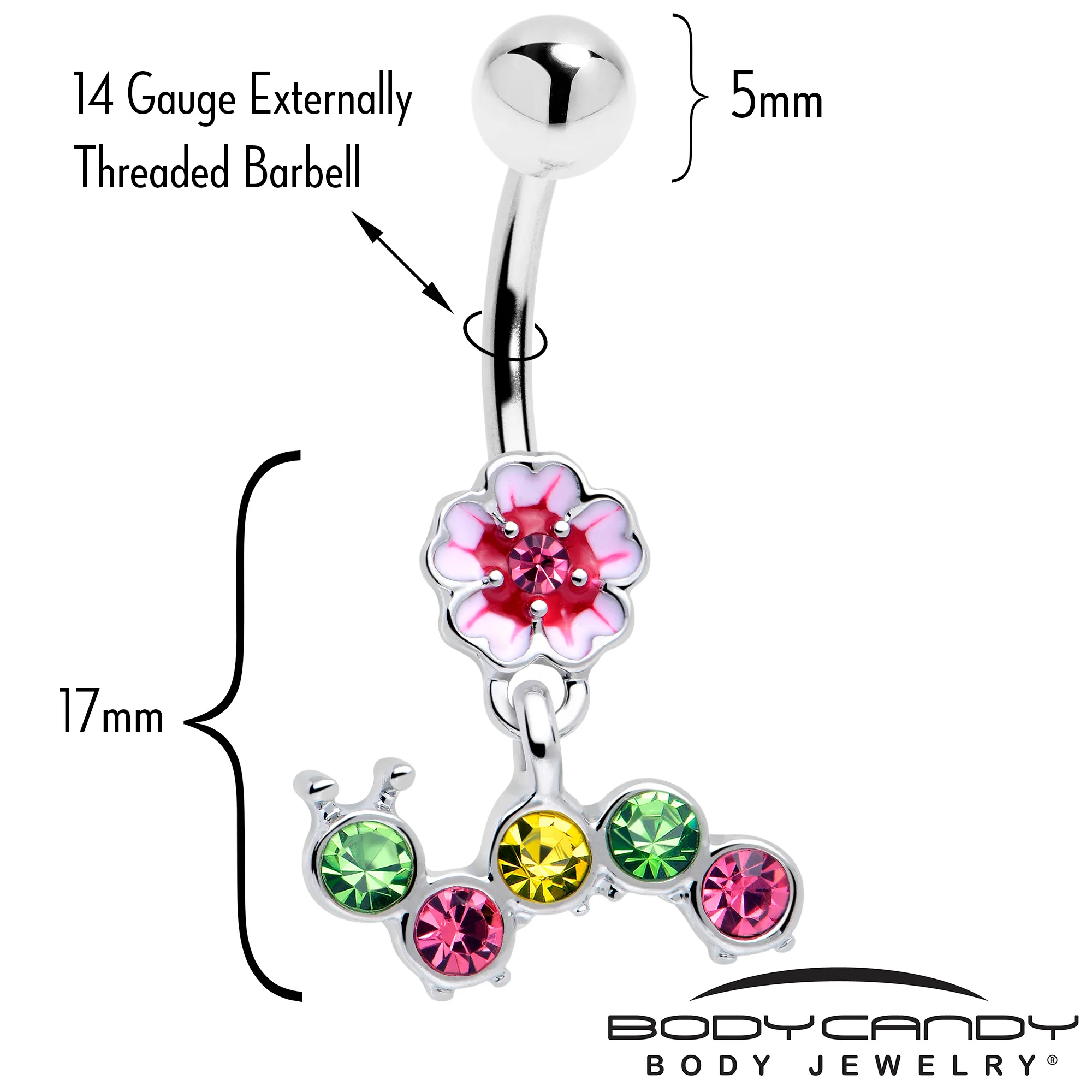 Pink Green Gem Caterpillar Flower Dangle Belly Ring - Image 2