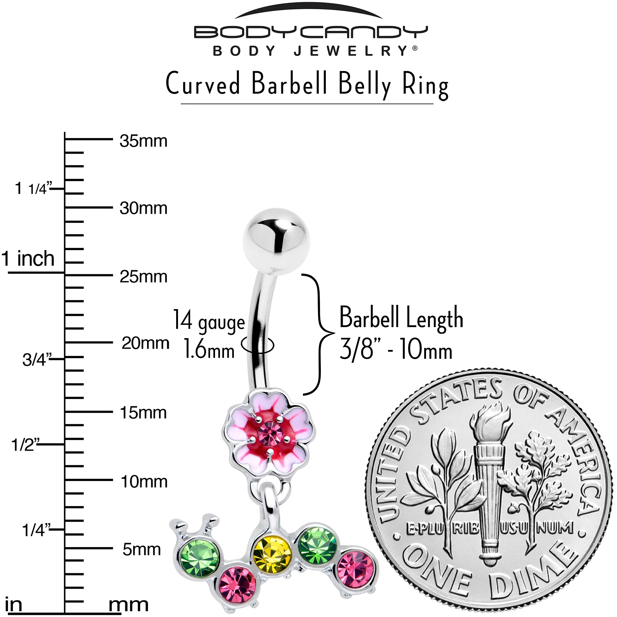 Pink Green Gem Caterpillar Flower Dangle Belly Ring - Image 3