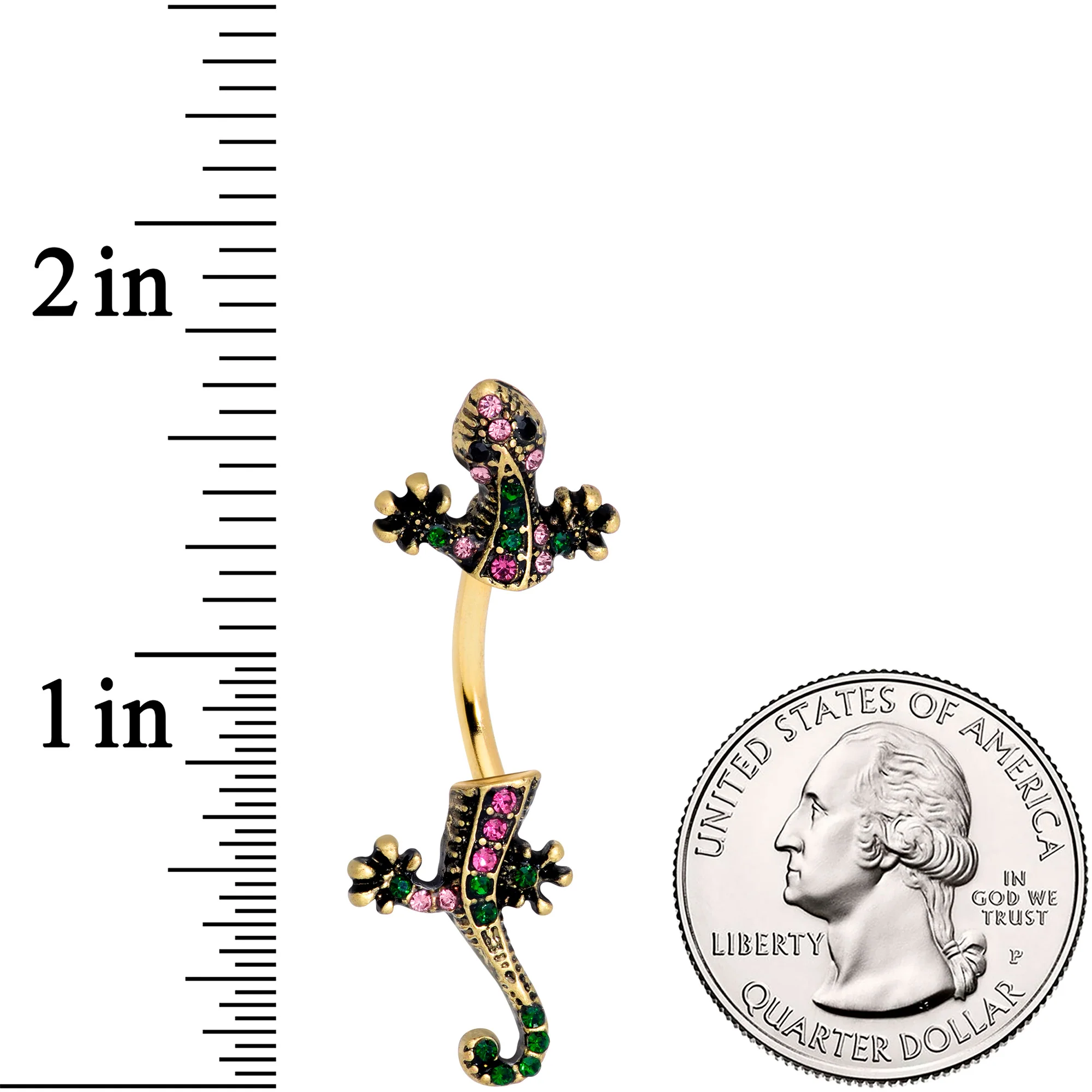 Pink Green Gem Gold Tone Lizard Double Mount Belly Ring - Image 3