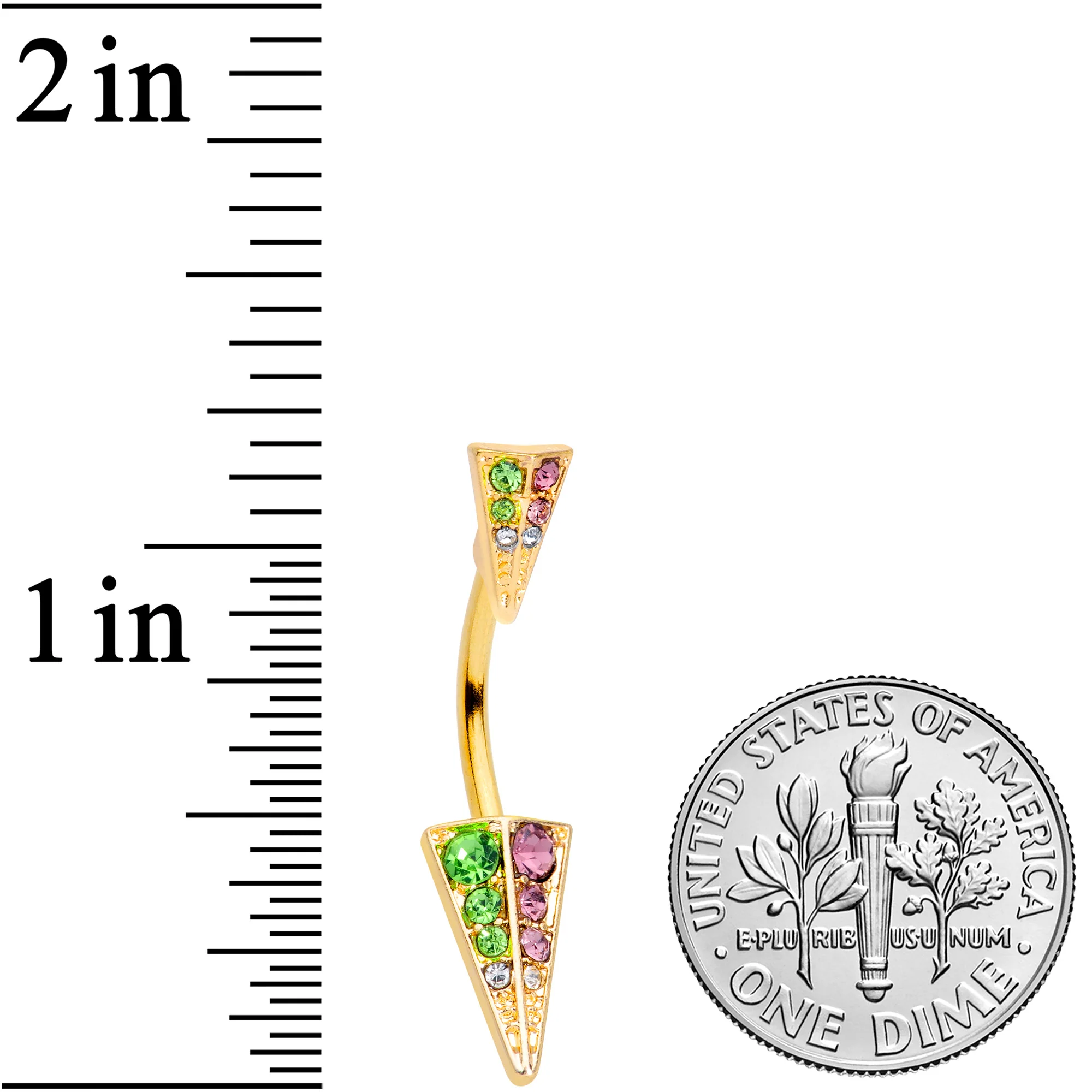 Pink Green Gem Gold Tone Triangle Double Mount Belly Ring - Image 2