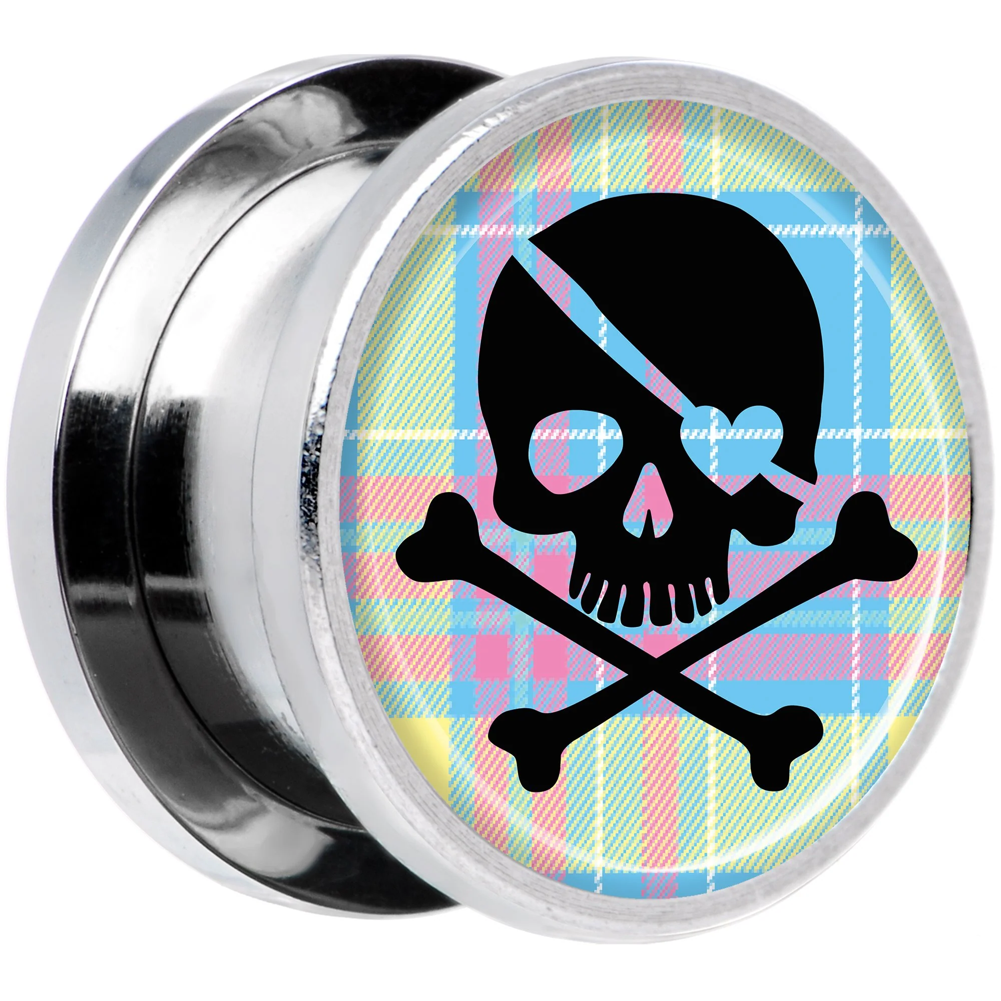Pink Green Plaid Heart Skull Steel Screw Fit Plug Set 9/16 - Image 2