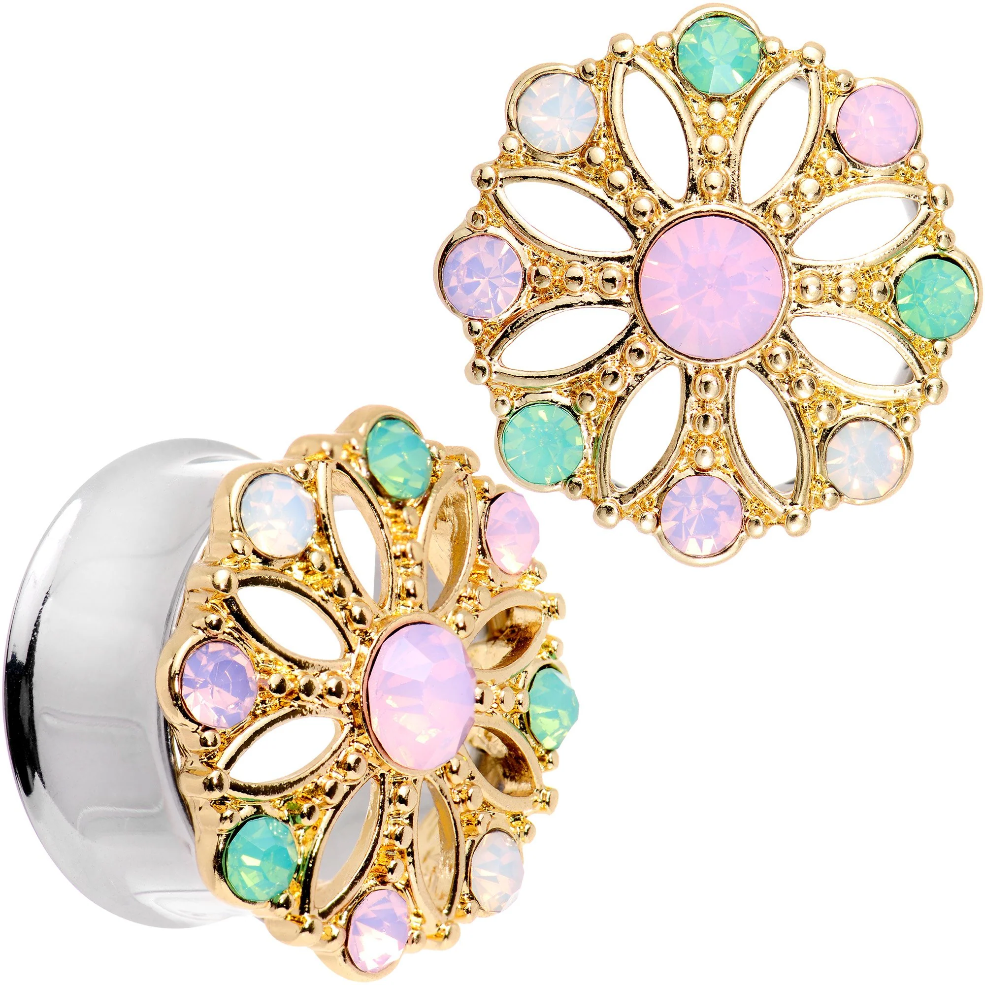 Pink Green White Gem Glam Flower Double Flare Tunnel Plug Set - Image 11
