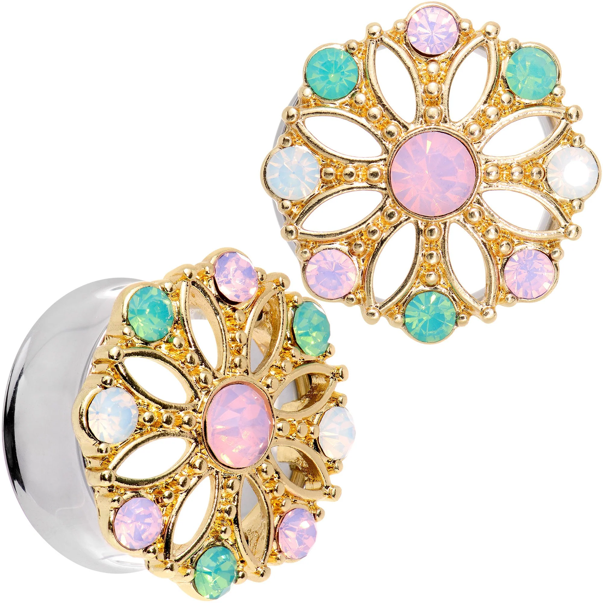 Pink Green White Gem Glam Flower Double Flare Tunnel Plug Set - Image 12