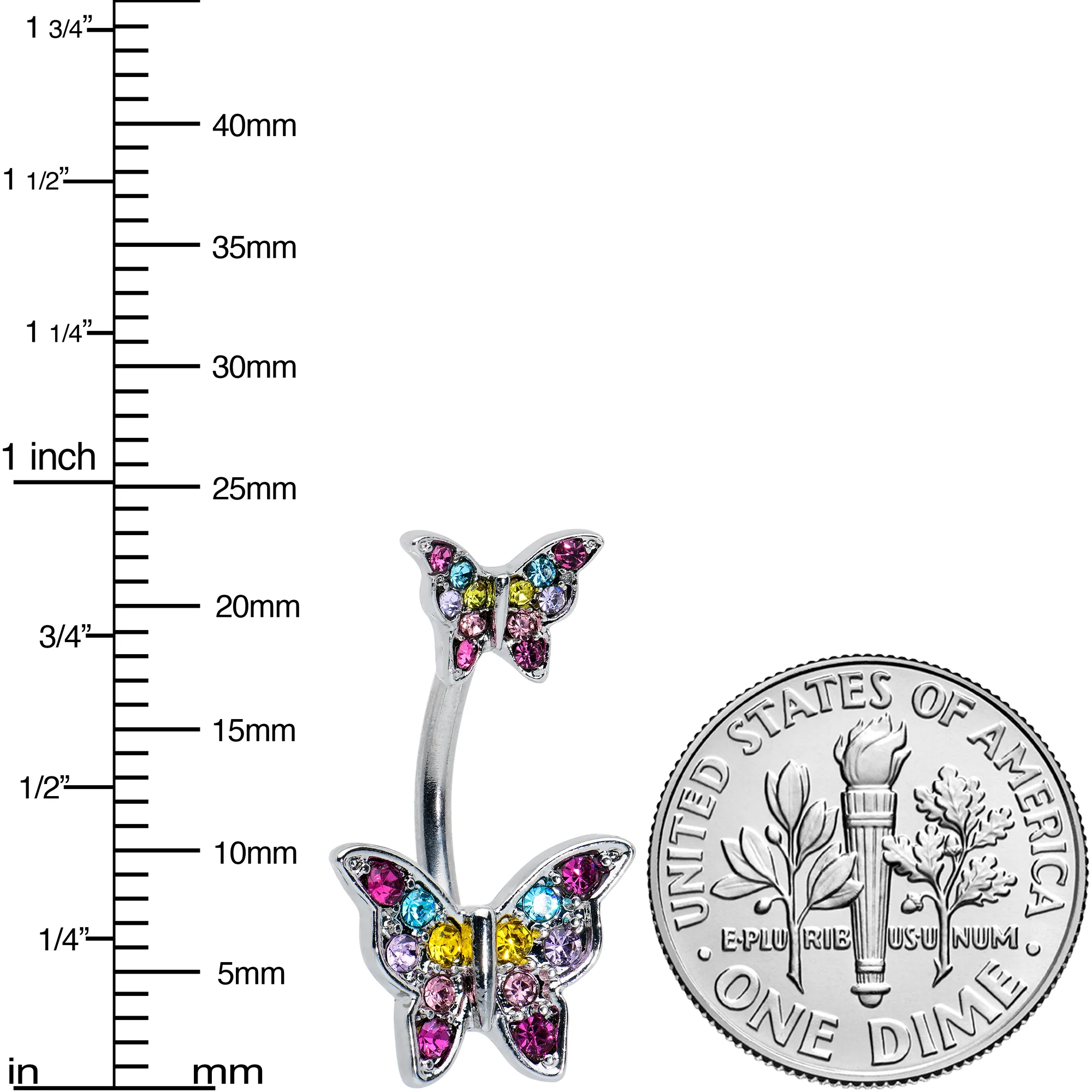 Pink Purple Blue Gem Double Butterfly Double Mount Belly Ring - Image 2