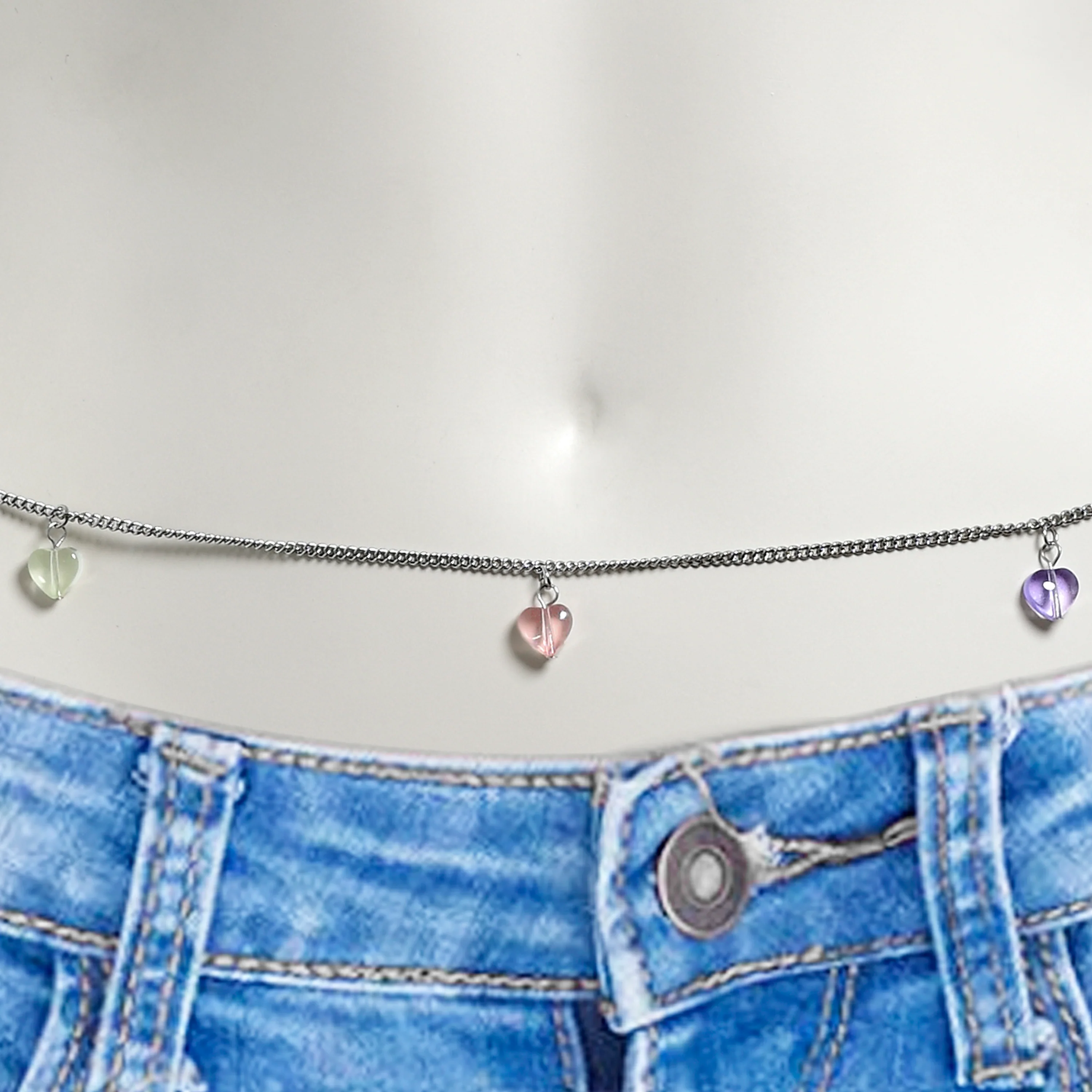 Pink Purple Gem Hearts Dangle Belly Chain - Image 2
