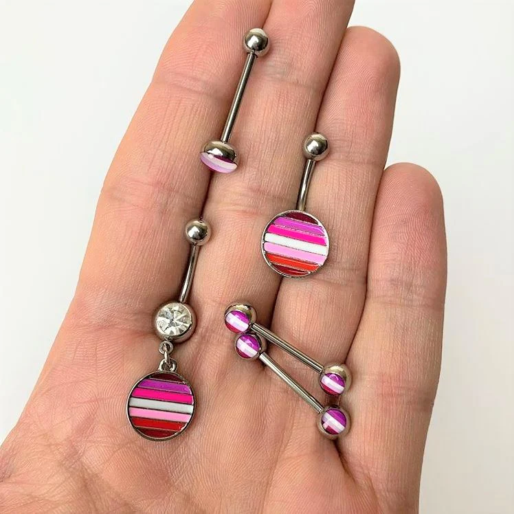 Pink Red White Lesbian Pride Flag Belly Ring - Image 2