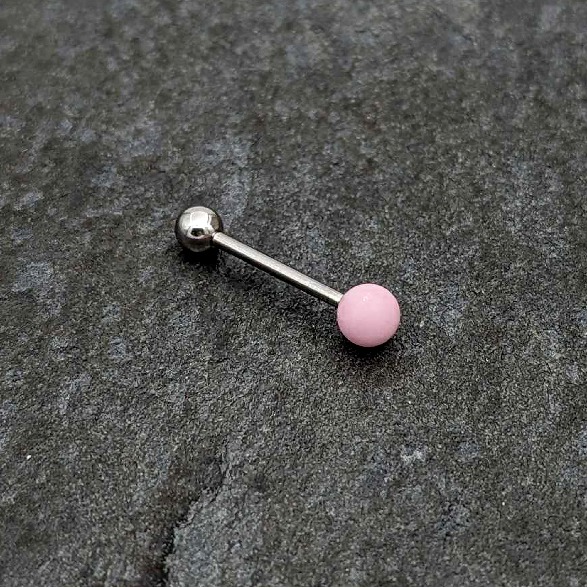 Pink Rose Quartz End Barbell Tongue Ring - Image 6
