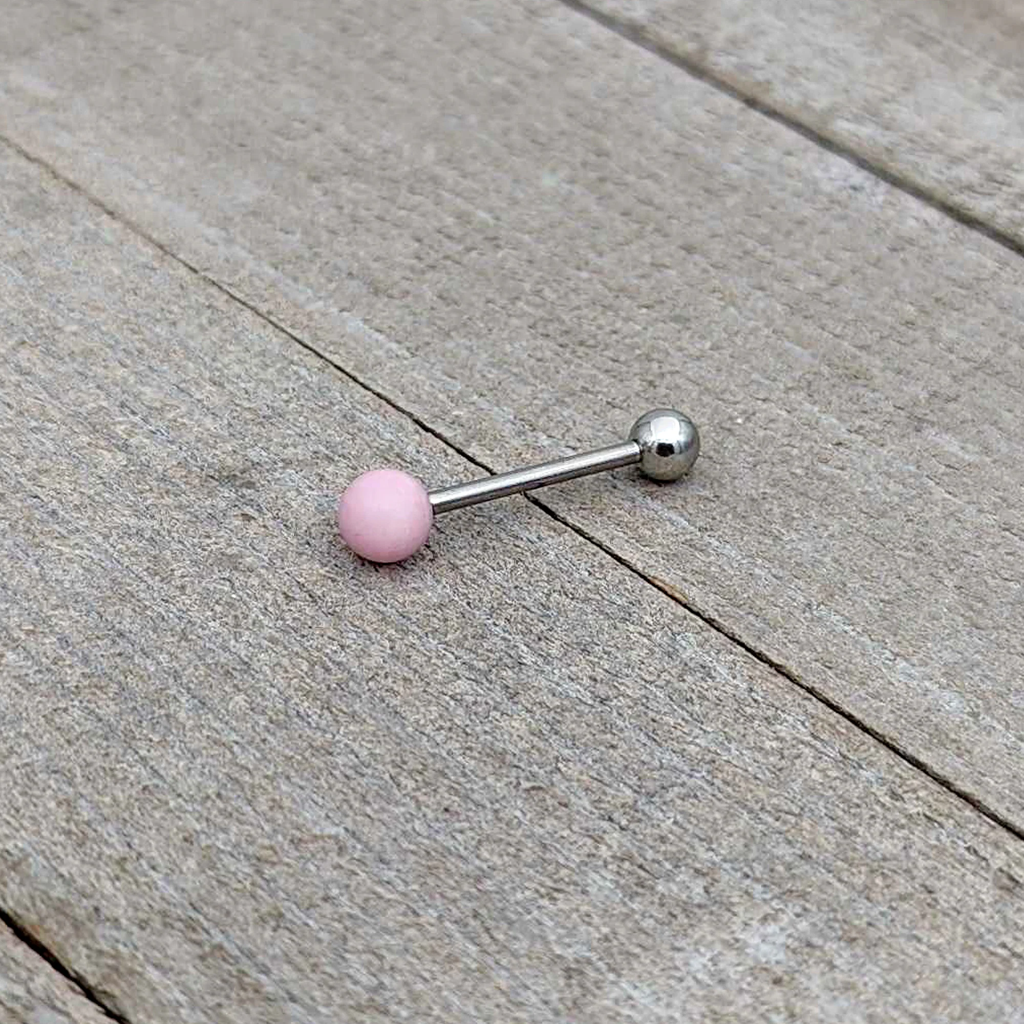 Pink Rose Quartz End Barbell Tongue Ring - Image 7