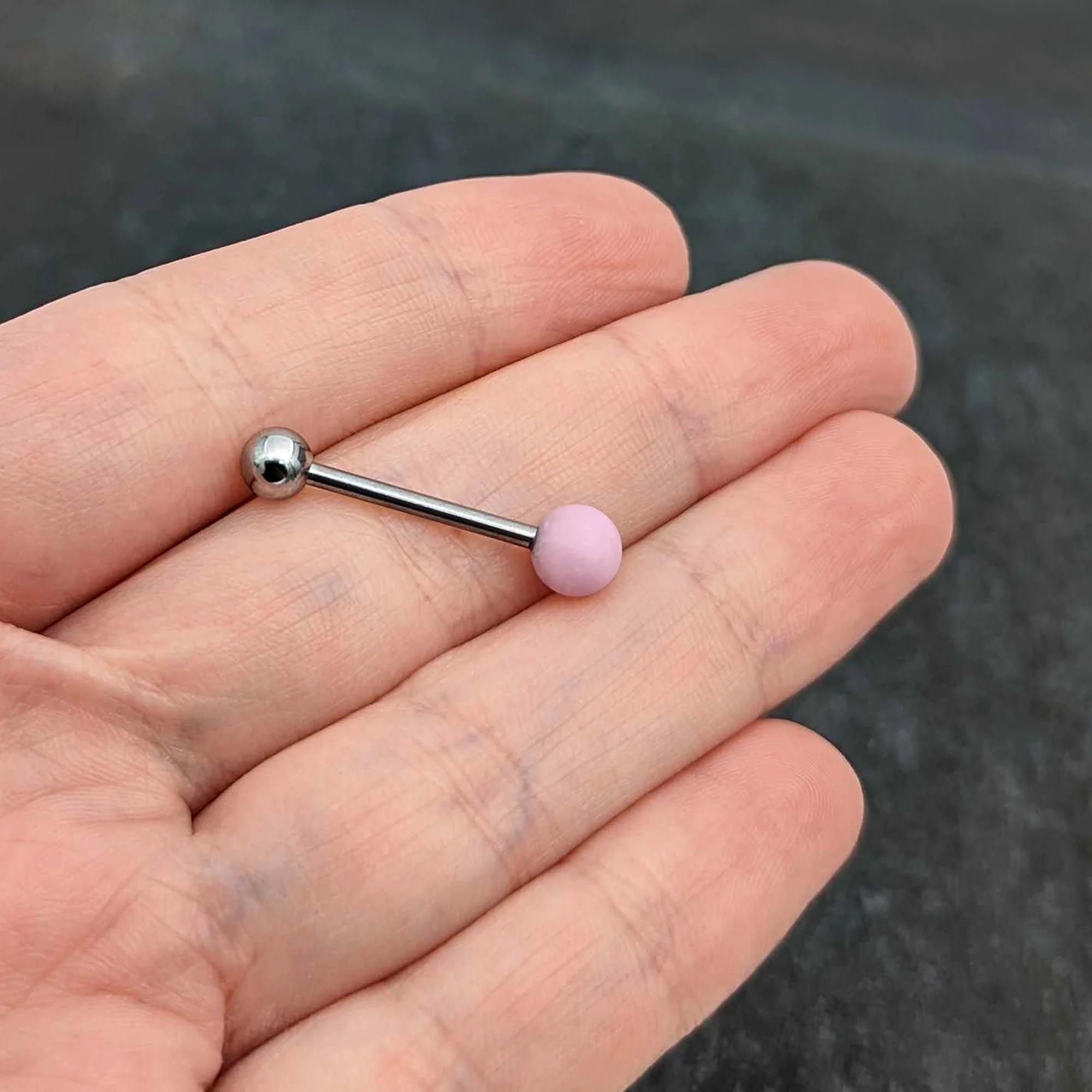 Pink Rose Quartz End Barbell Tongue Ring - Image 8
