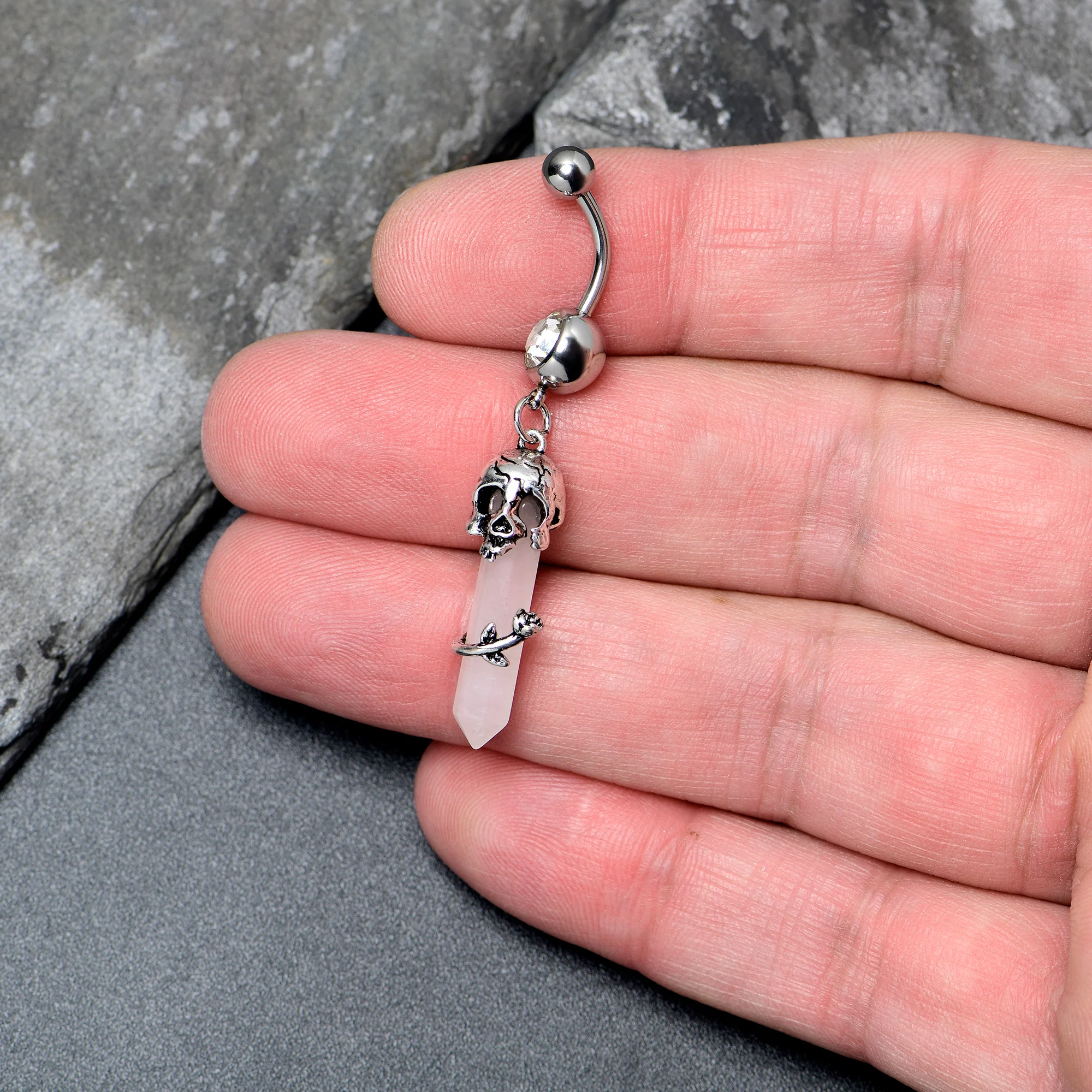 Pink Rose Quartz Skull Obelisk Rose Dangle Belly Ring - Image 2