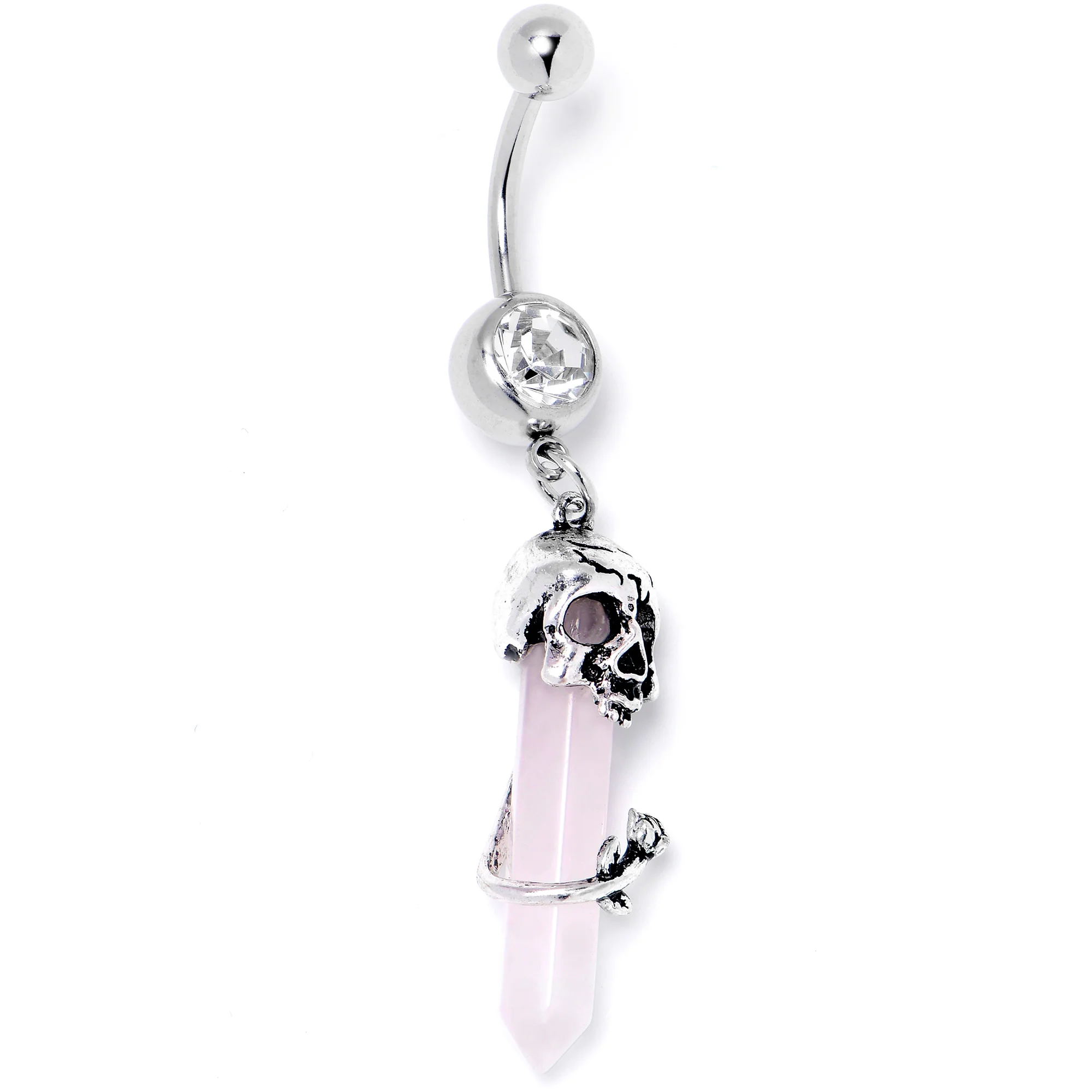 Pink Rose Quartz Skull Obelisk Rose Dangle Belly Ring - Image 3