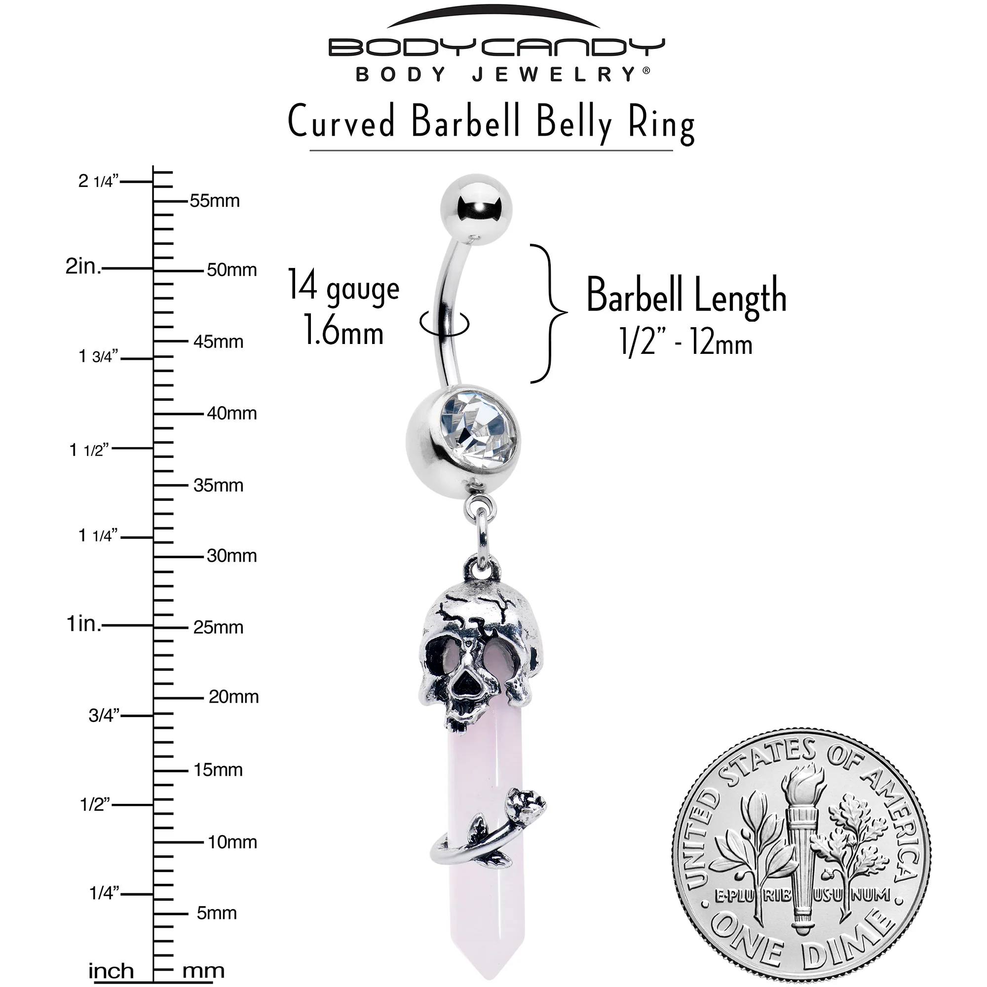 Pink Rose Quartz Skull Obelisk Rose Dangle Belly Ring - Image 6