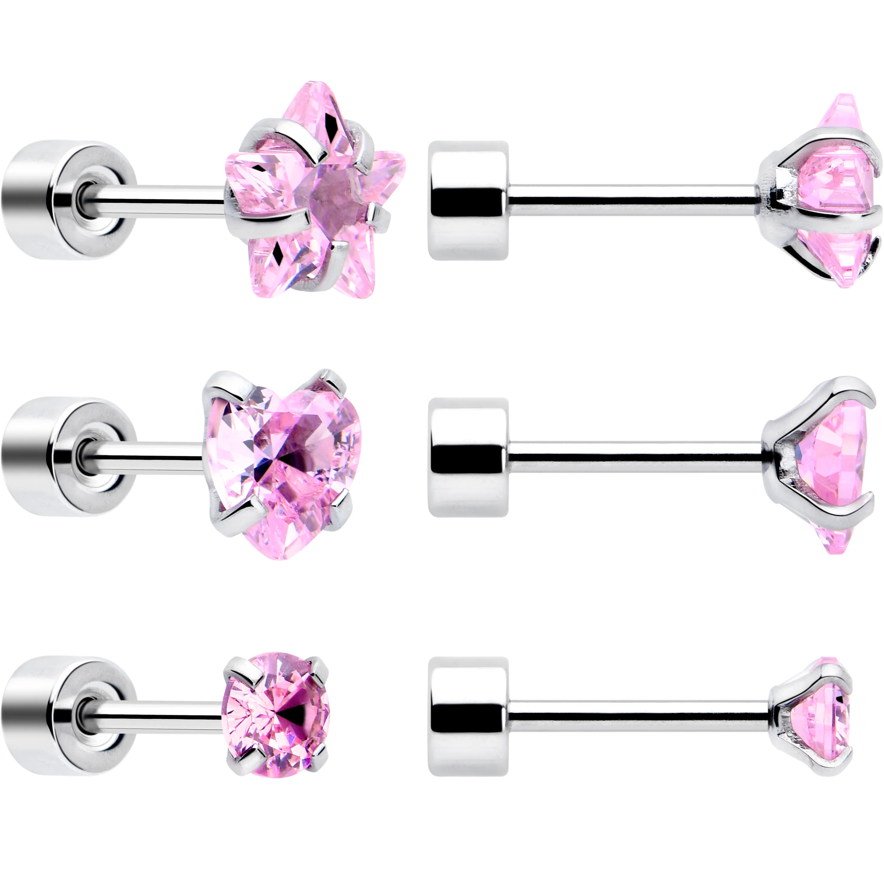 Pink Simplistic Heart Star CZ Flat Back Stud Earrings - 3 Pairs - Image 2
