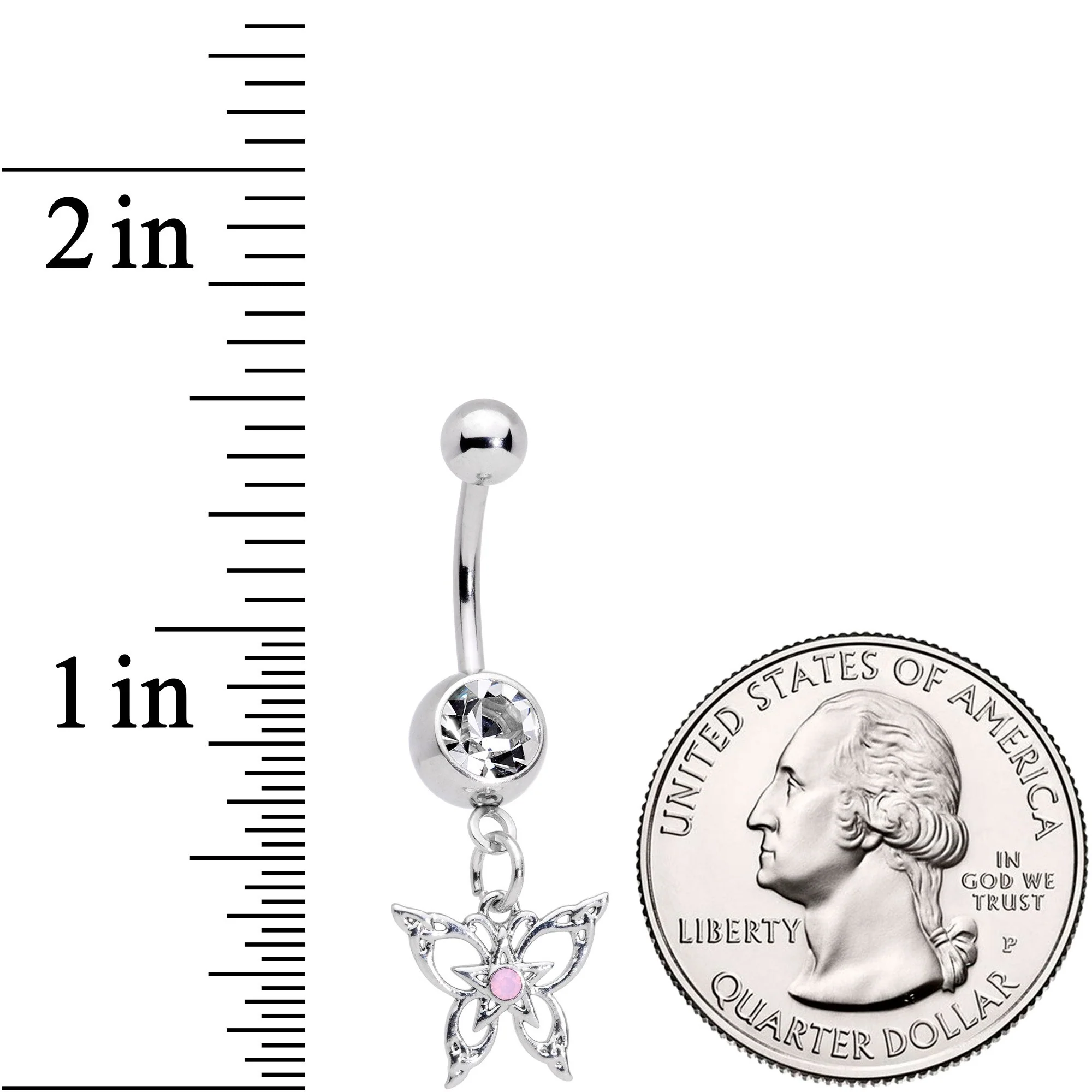 Pink Synthetic Opal Clear Gem Lacy Butterfly Dangle Belly Ring - Image 2