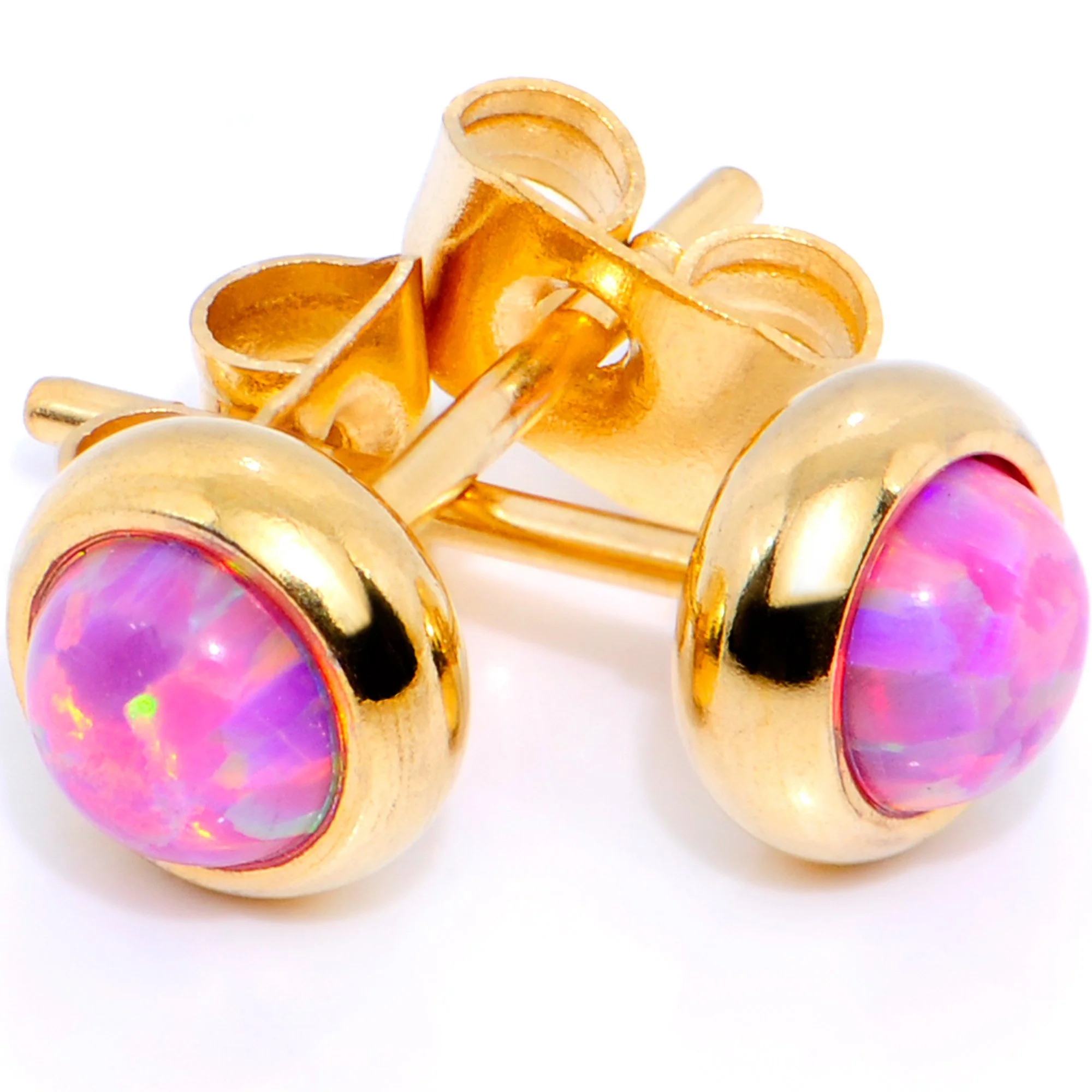 Pink Synthetic Opal Gold IP 316L Surgical Steel Stud Earrings - Image 2