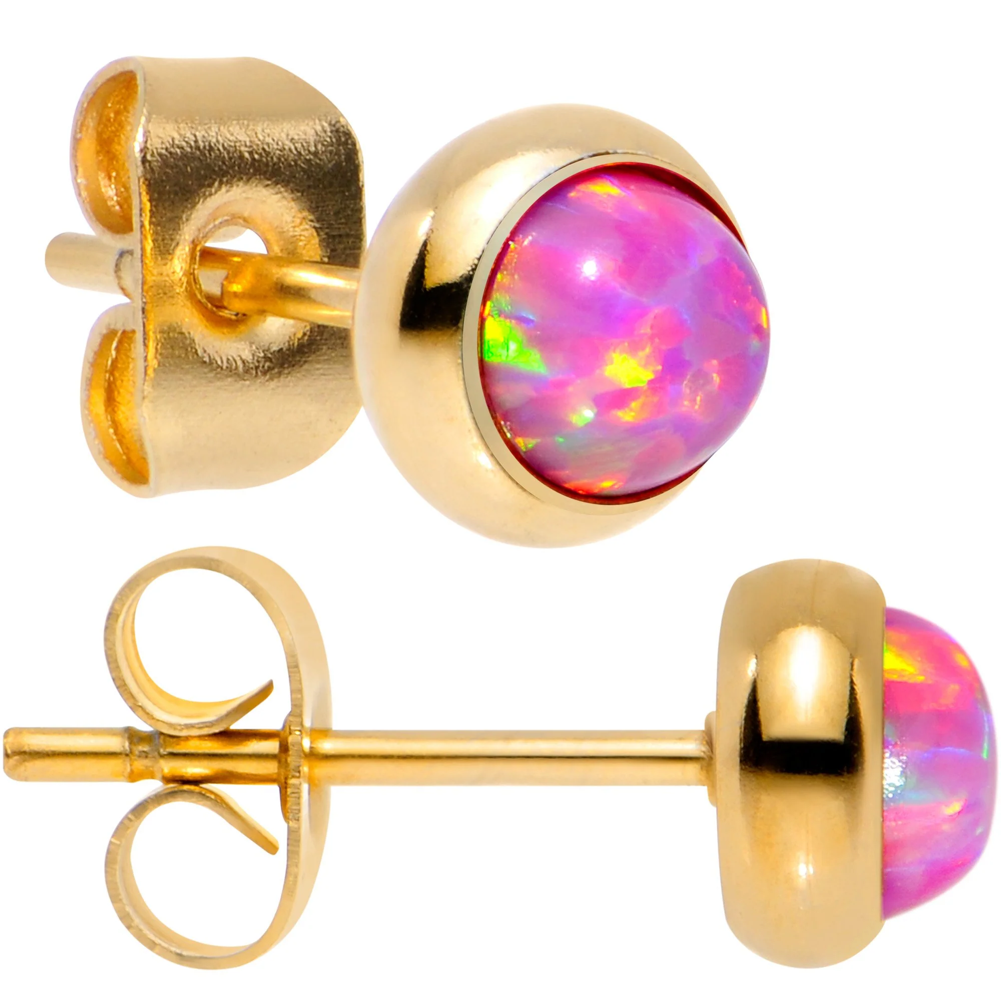 Pink Synthetic Opal Gold IP 316L Surgical Steel Stud Earrings - Image 4