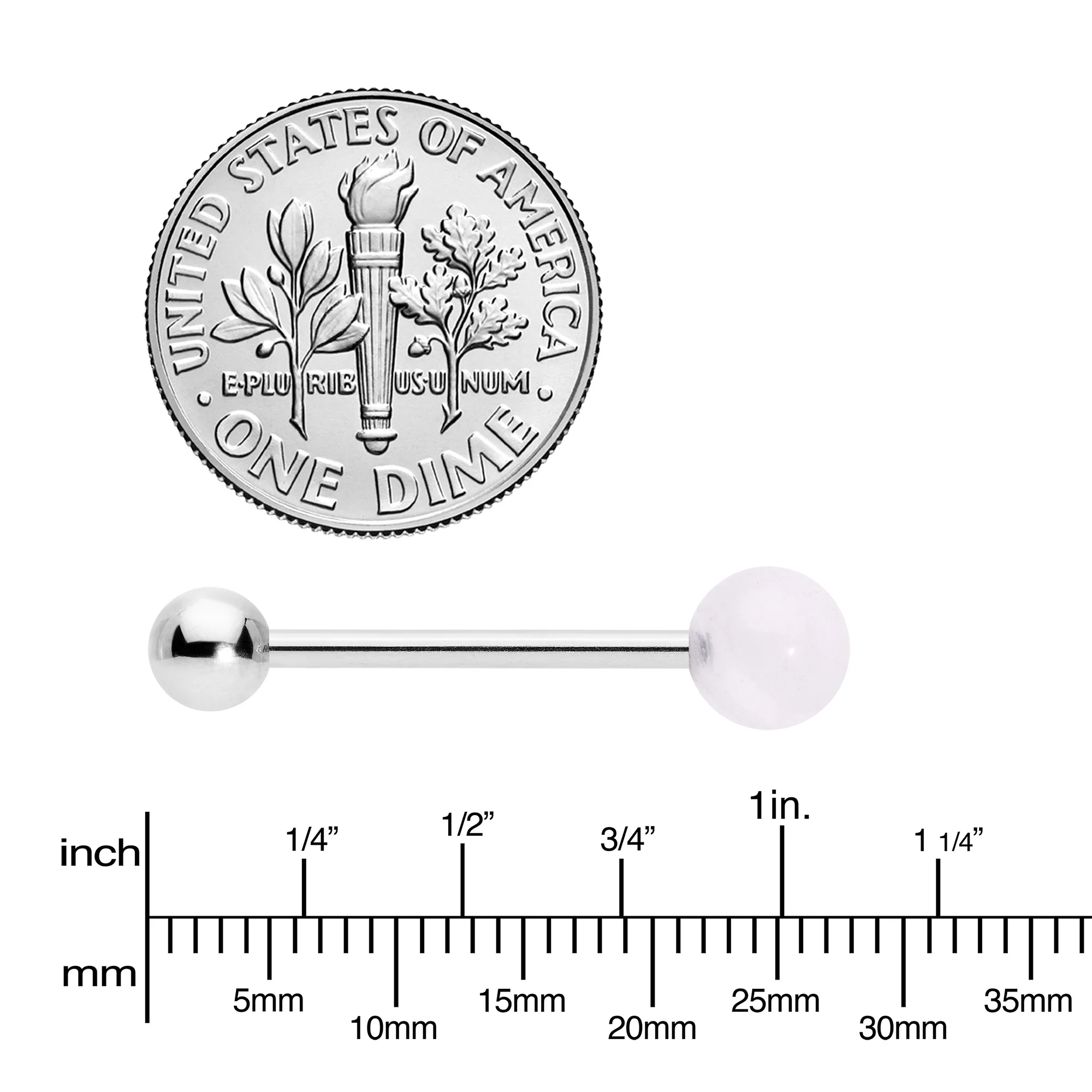 Pink Synthetic Light Rose Quartz Barbell Tongue Ring - Image 4